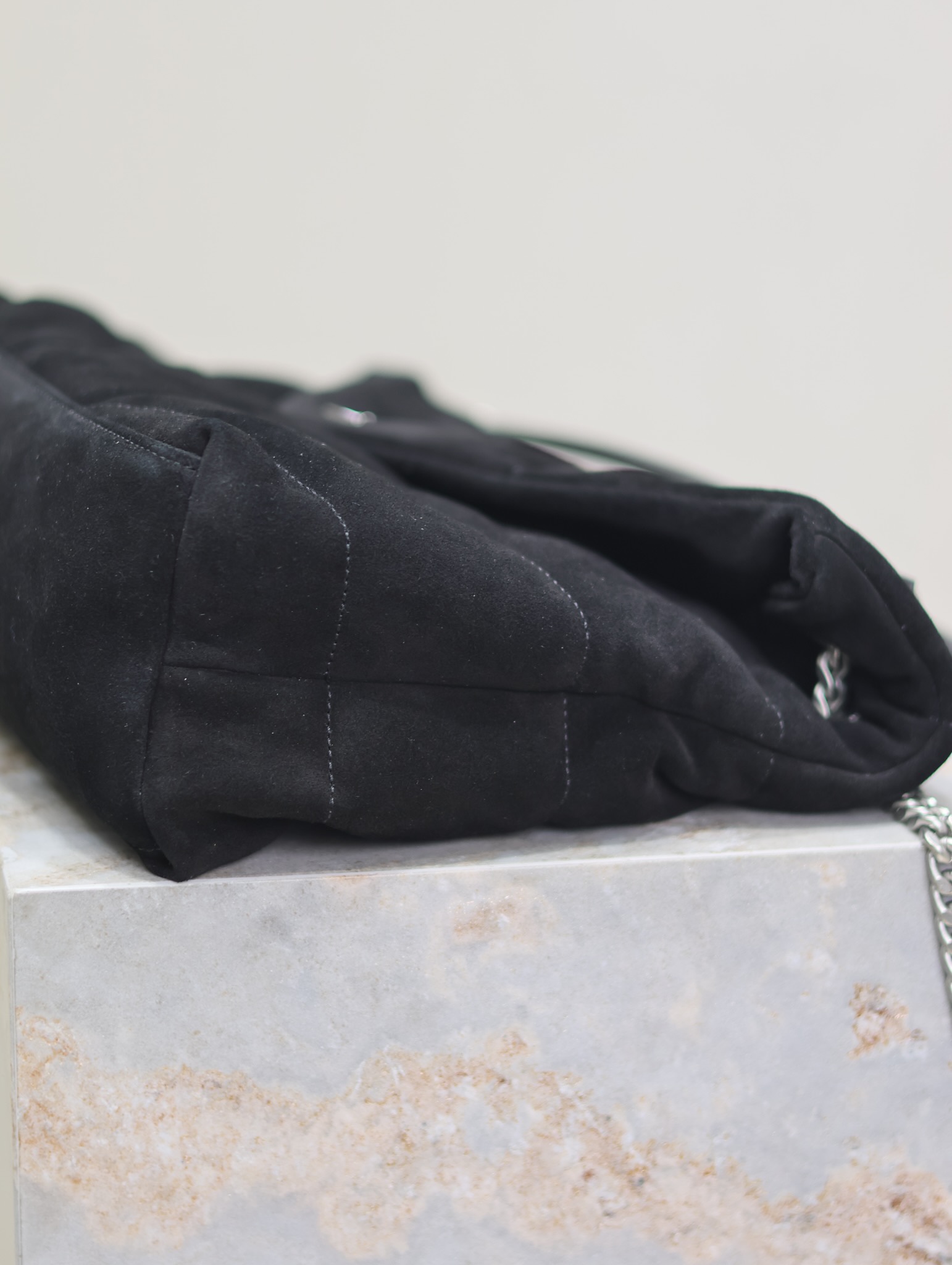 [TOP] Yves Saint Laurent YSL Puffer  Suede Shoulder Bag 29/35cm- Black&SHW