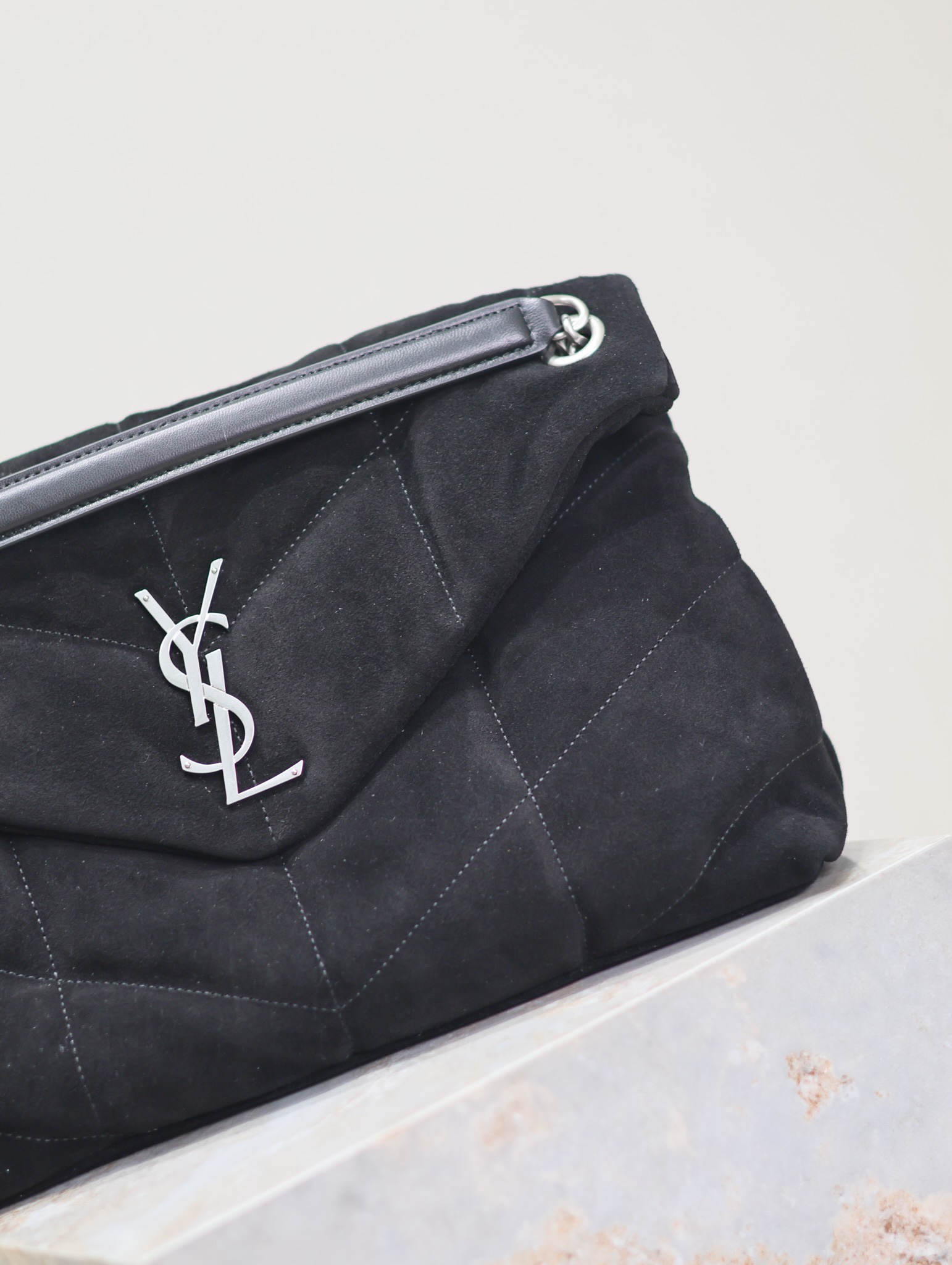 [TOP] Yves Saint Laurent YSL Puffer  Suede Shoulder Bag 29/35cm- Black&SHW