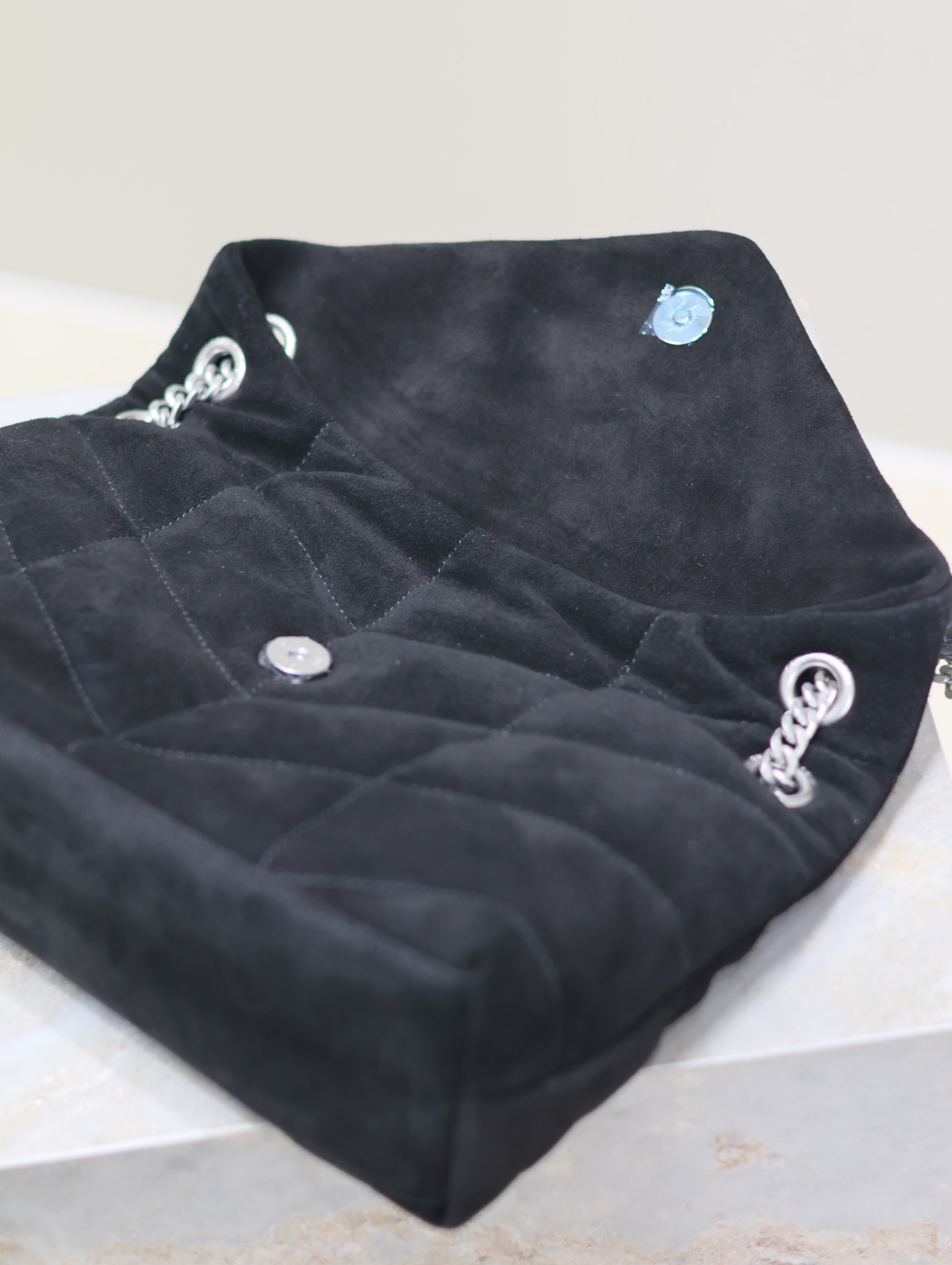 [TOP] Yves Saint Laurent YSL Puffer  Suede Shoulder Bag 29/35cm- Black&SHW