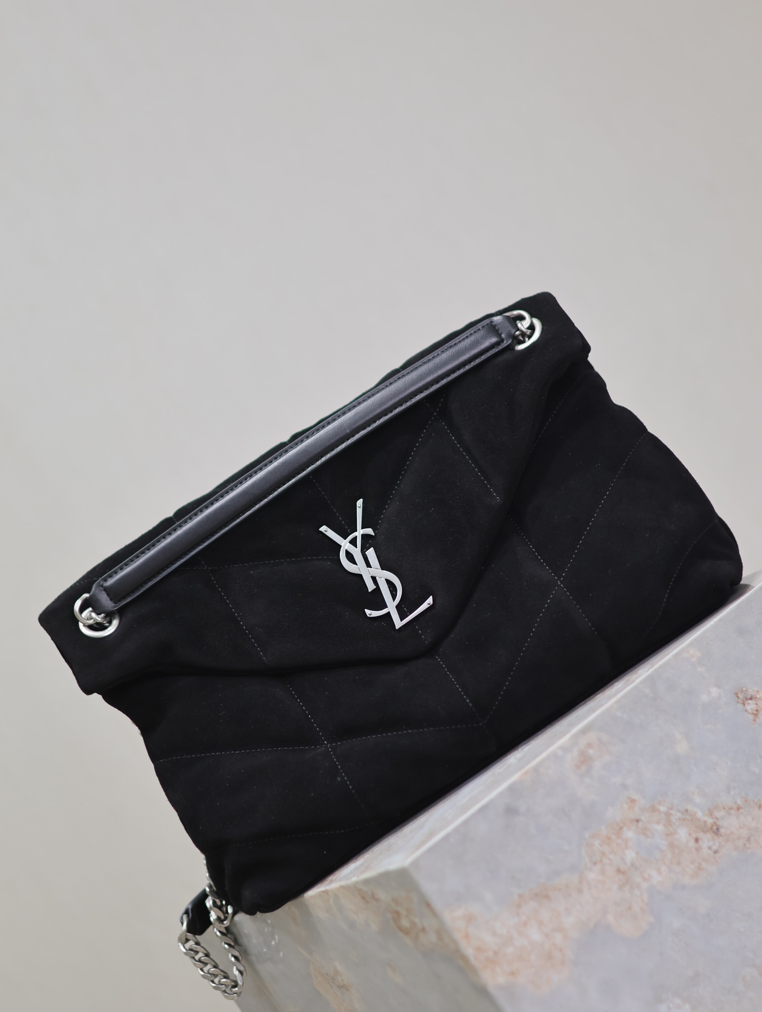 [TOP] Yves Saint Laurent YSL Puffer  Suede Shoulder Bag 29/35cm- Black&SHW