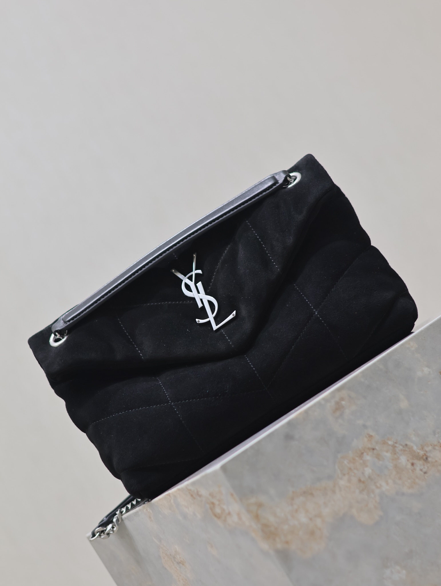 [TOP] Yves Saint Laurent YSL Puffer  Suede Shoulder Bag 29/35cm- Black&SHW