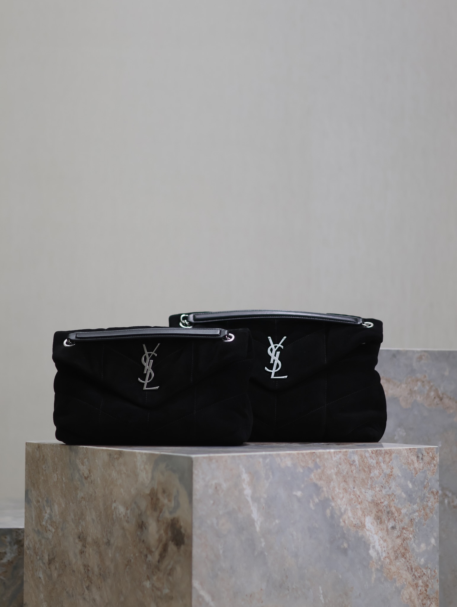 [TOP] Yves Saint Laurent YSL Puffer  Suede Shoulder Bag 29/35cm- Black&SHW