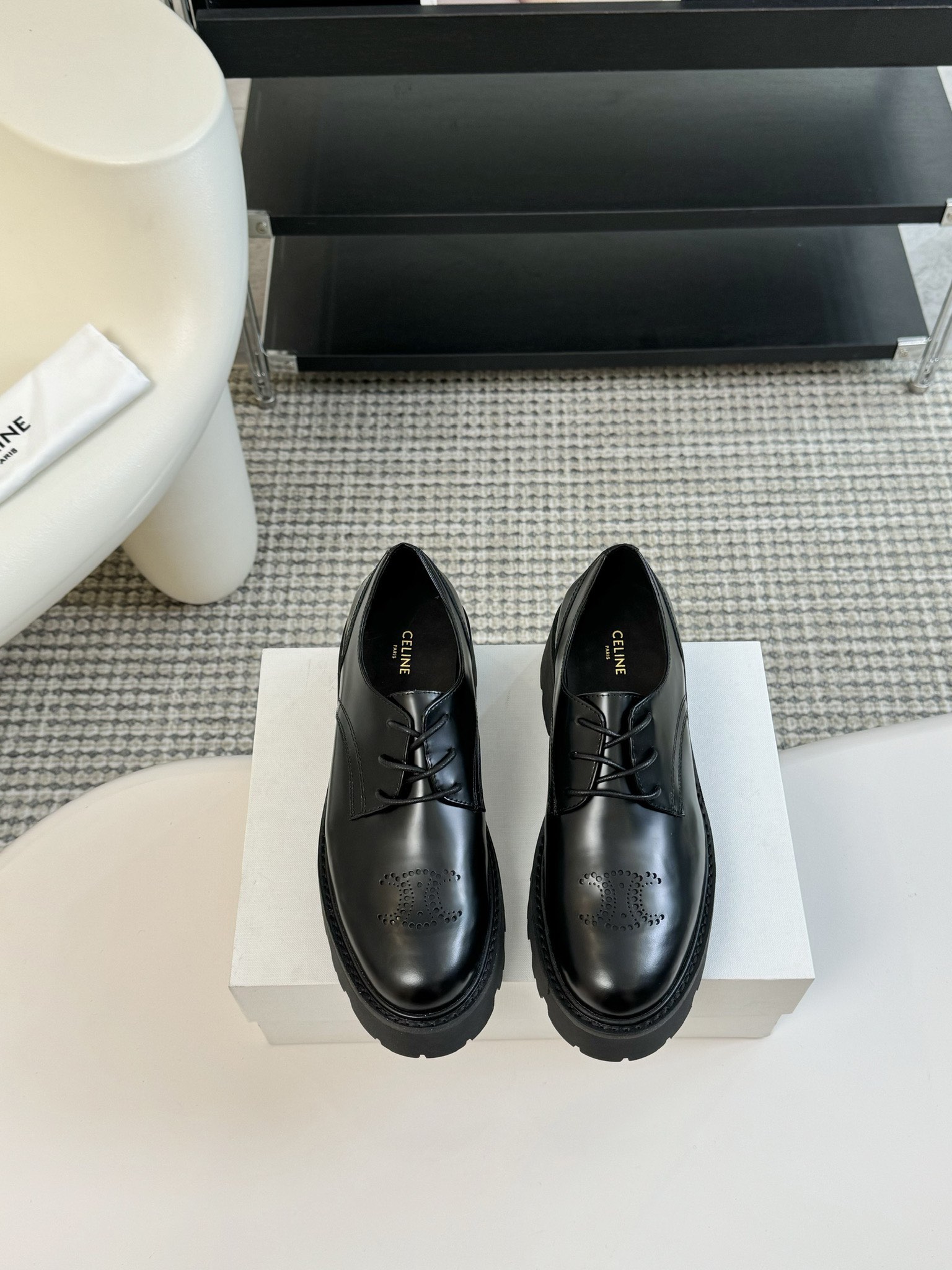 [TOP] CELINE Mary Jane Cowhide Leather Shoes - Black