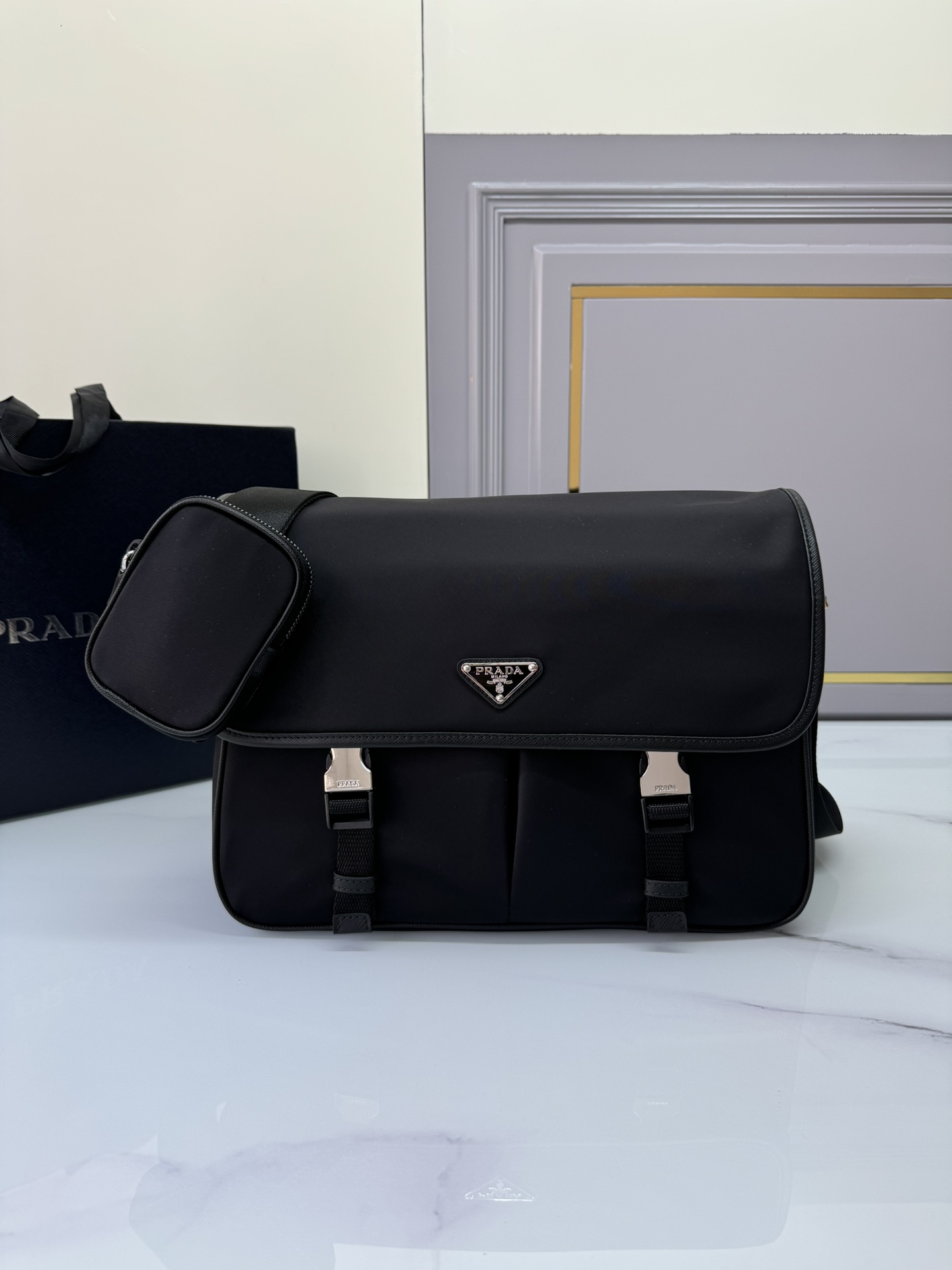 [TOP] PRADA Messenger Bag Nylon 26x20x10cm/32x24x12cm - Black