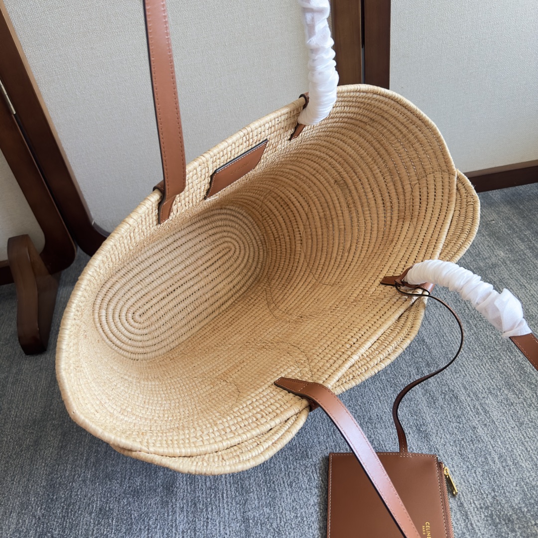 [TOP] CELINE Cow Leather Classic Straw Basket Bag 36*20.5*13cm/47*30..5*15cm - Apricot &Brown