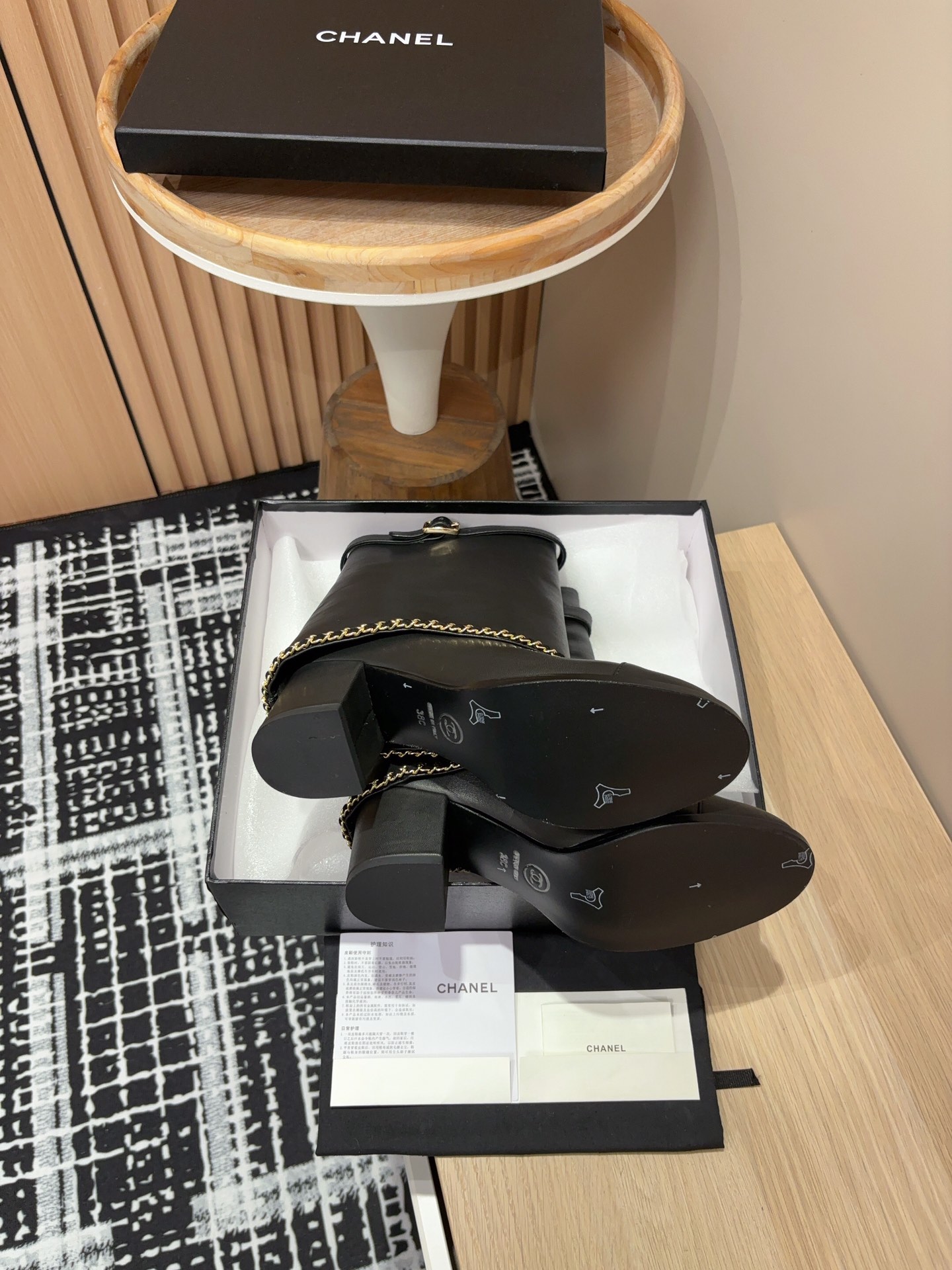 [TOP] CHANEL Fold-over Chain Calfskin Mid-calf Boots - Black