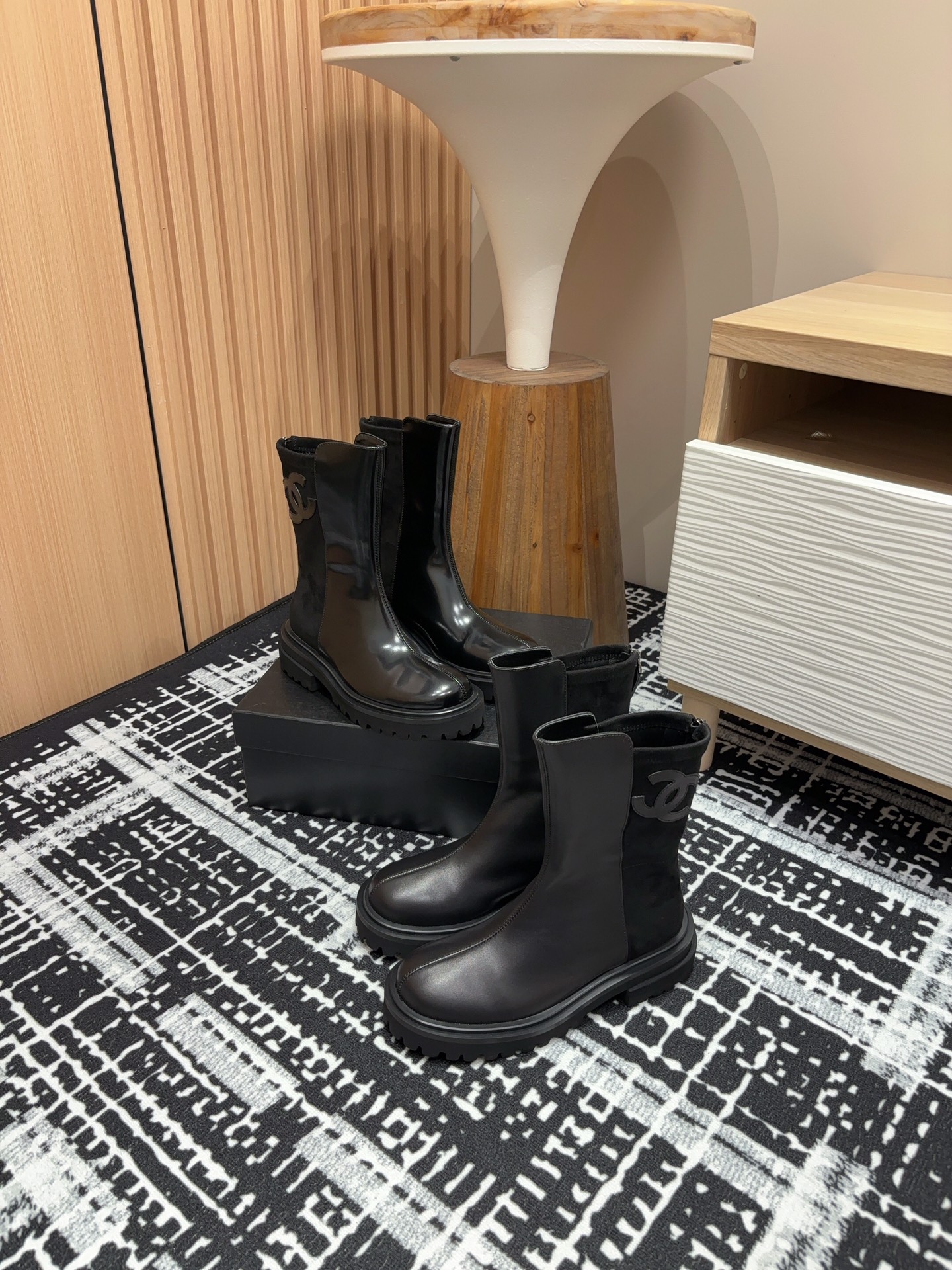 [TOP] CHANEL Paneled Platform Short-calf Boots - Black
