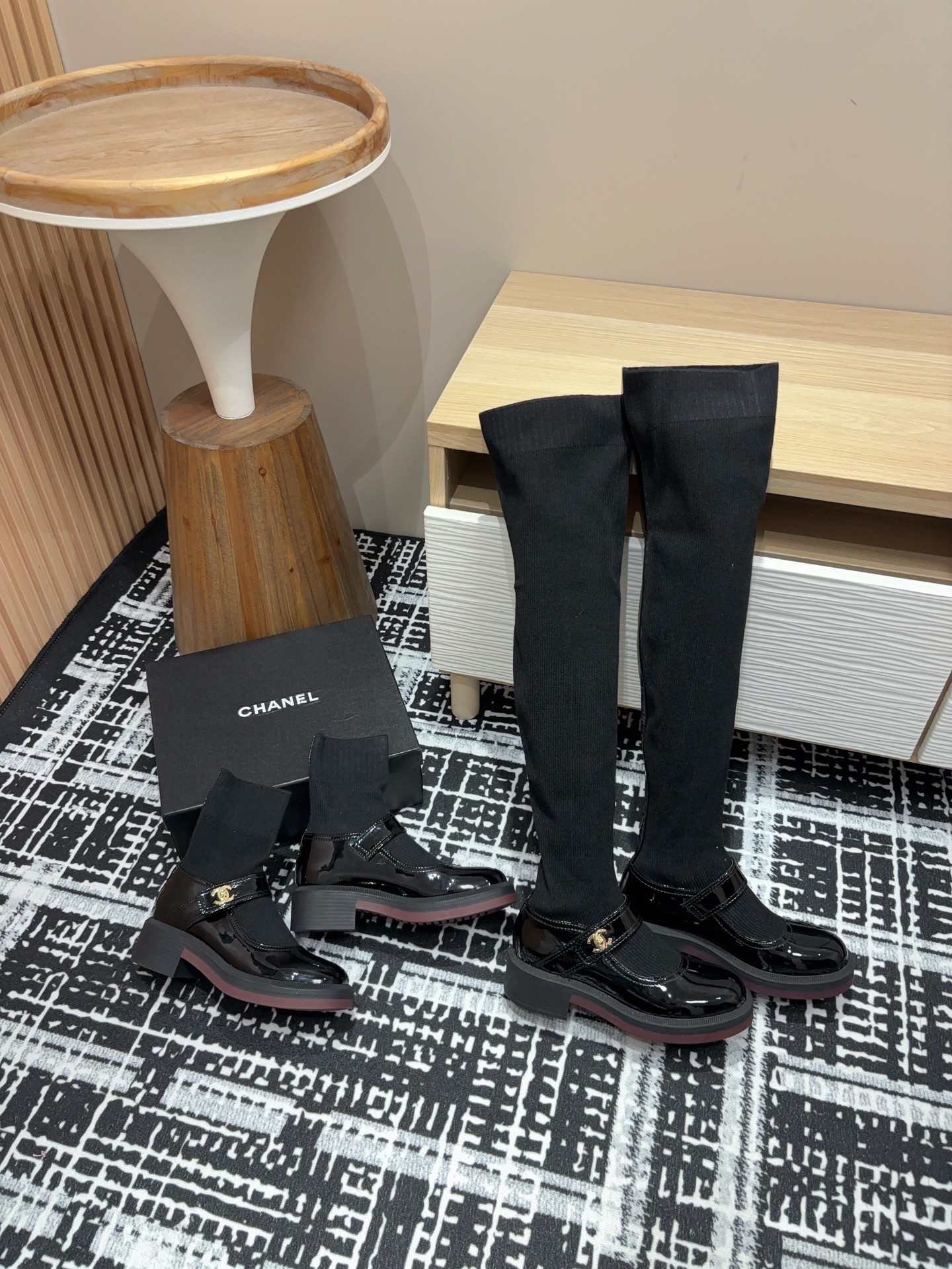[TOP] CHANEL Mary Jane Socks Low-calf/High-calf Boots - Black