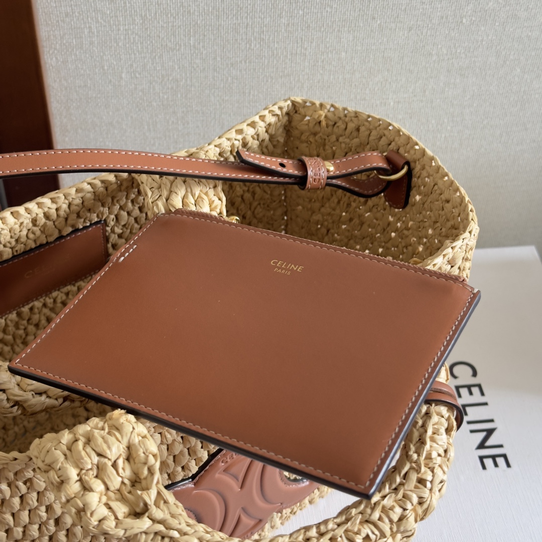 [TOP] CELINE Cabas Bags Straw Cow Leather Handbag 27 X 19 X 13CM