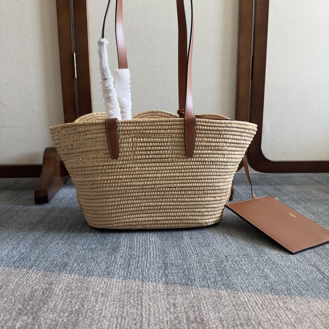 [TOP] CELINE Cow Leather Classic Straw Basket Bag 36*20.5*13cm/47*30..5*15cm - Apricot &Brown