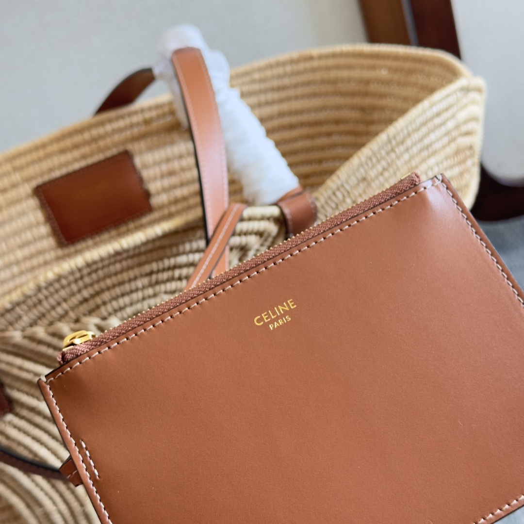 [TOP] CELINE Cow Leather Classic Straw Basket Bag 36*20.5*13cm/47*30..5*15cm - Apricot &Brown