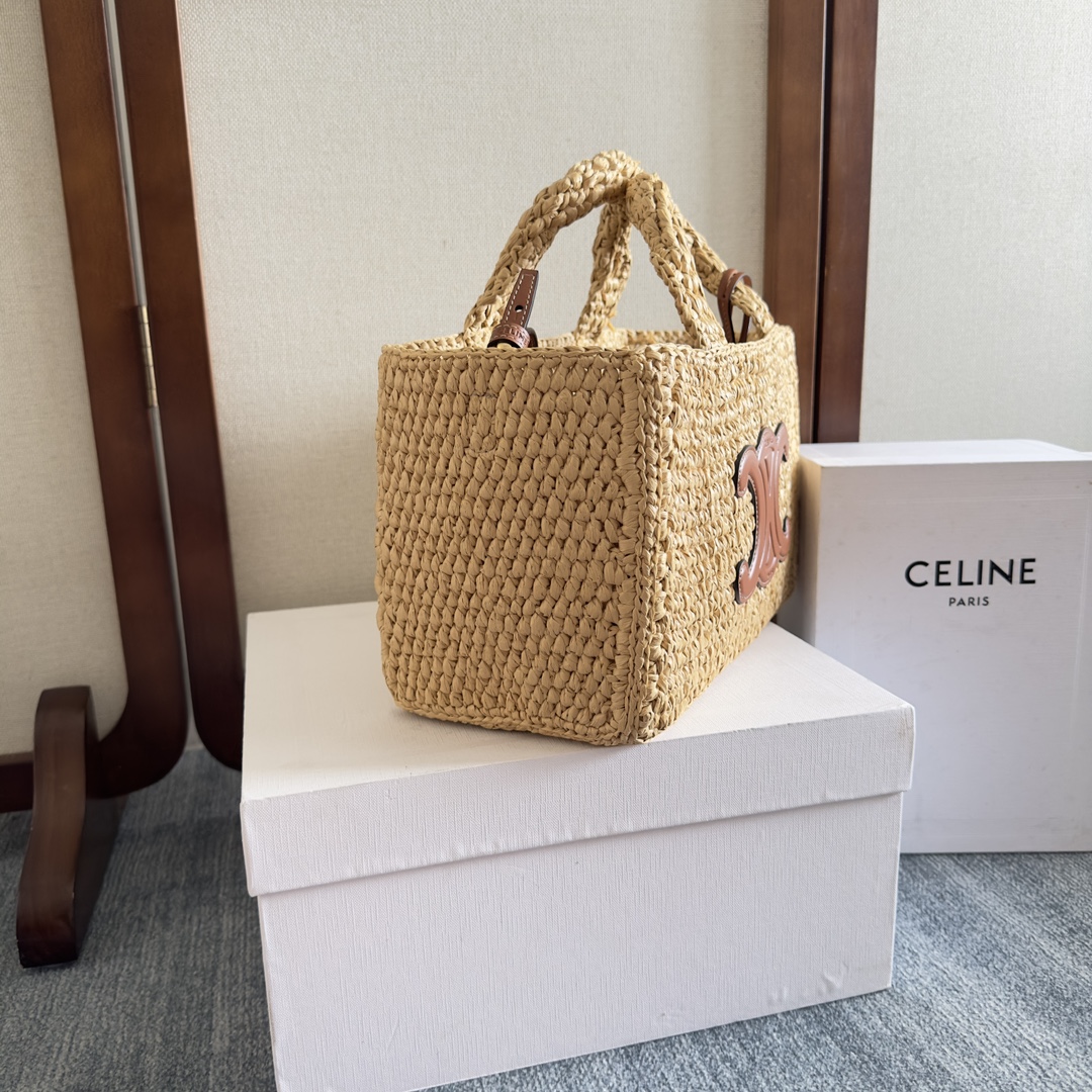 [TOP] CELINE Cabas Bags Straw Cow Leather Handbag 27 X 19 X 13CM