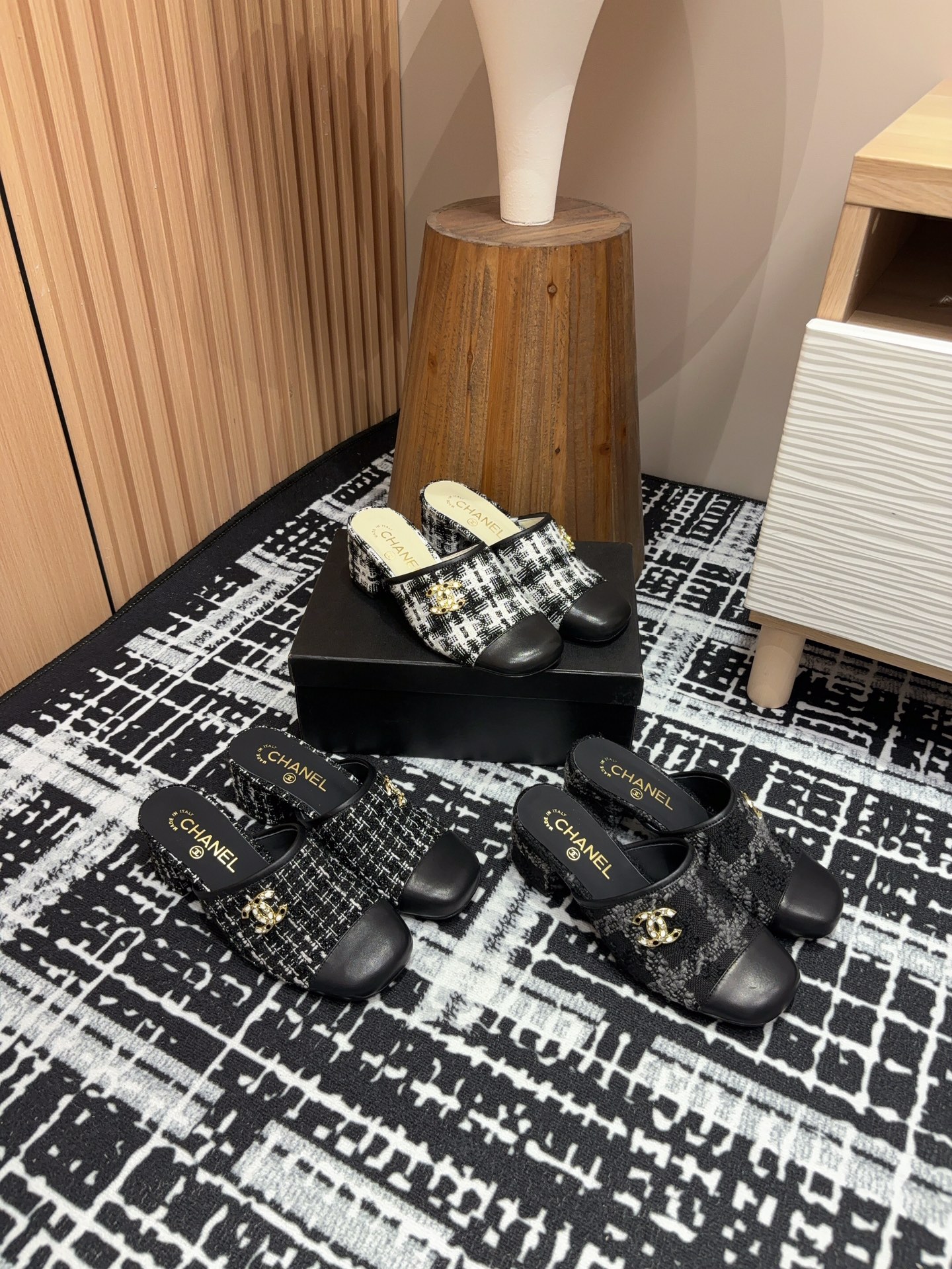 [TOP] CHANEL Woolen Cloth Closed Toe Slippers 3cm/6cm - 3 Color