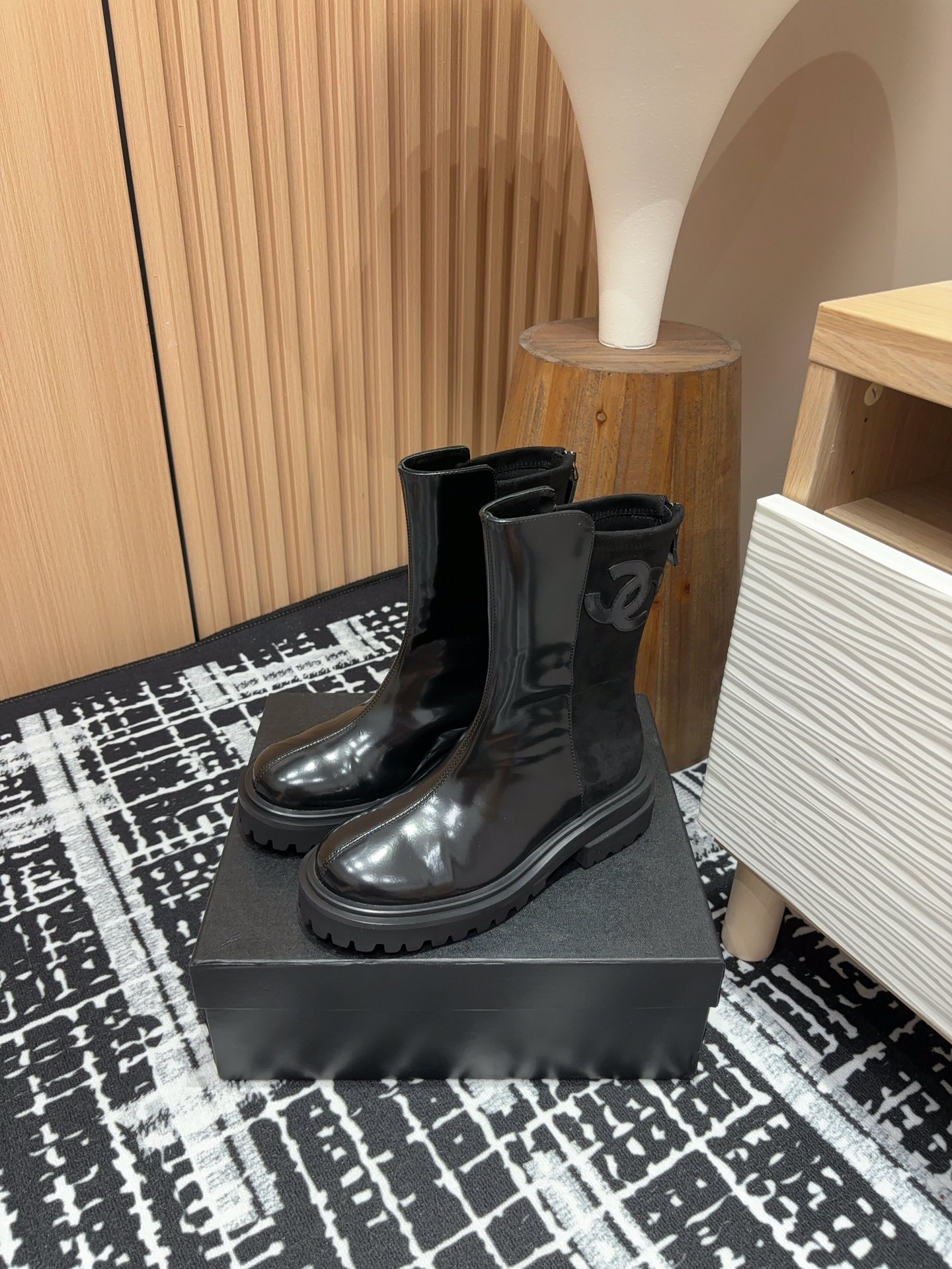 [TOP] CHANEL Paneled Platform Short-calf Boots - Black