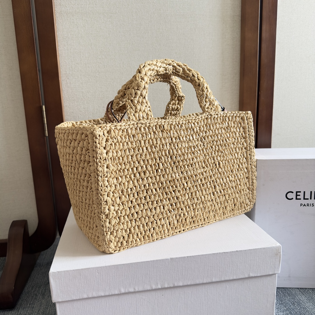 [TOP] CELINE Cabas Bags Straw Cow Leather Handbag 27 X 19 X 13CM