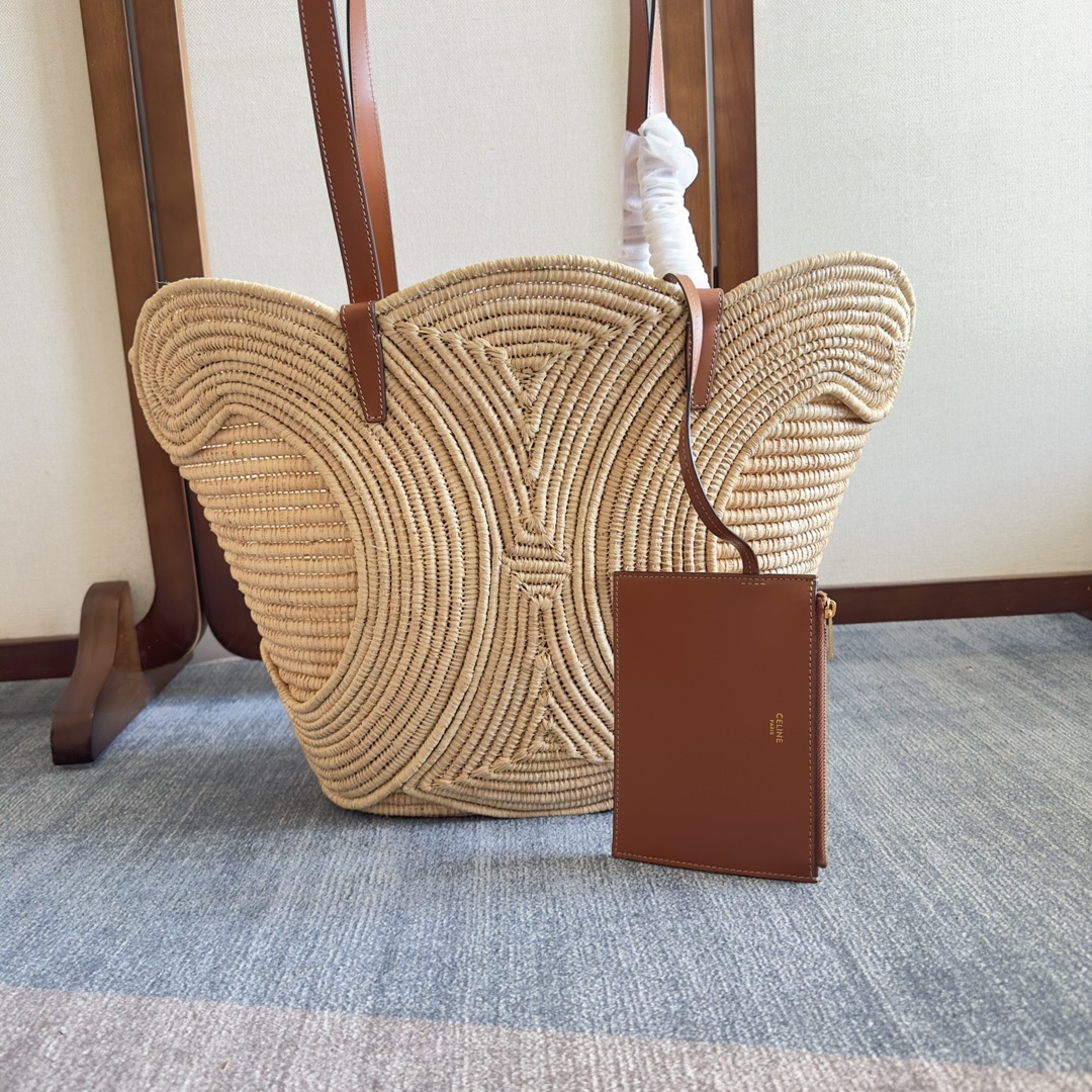 [TOP] CELINE Cow Leather Classic Straw Basket Bag 36*20.5*13cm/47*30..5*15cm - Apricot &Brown