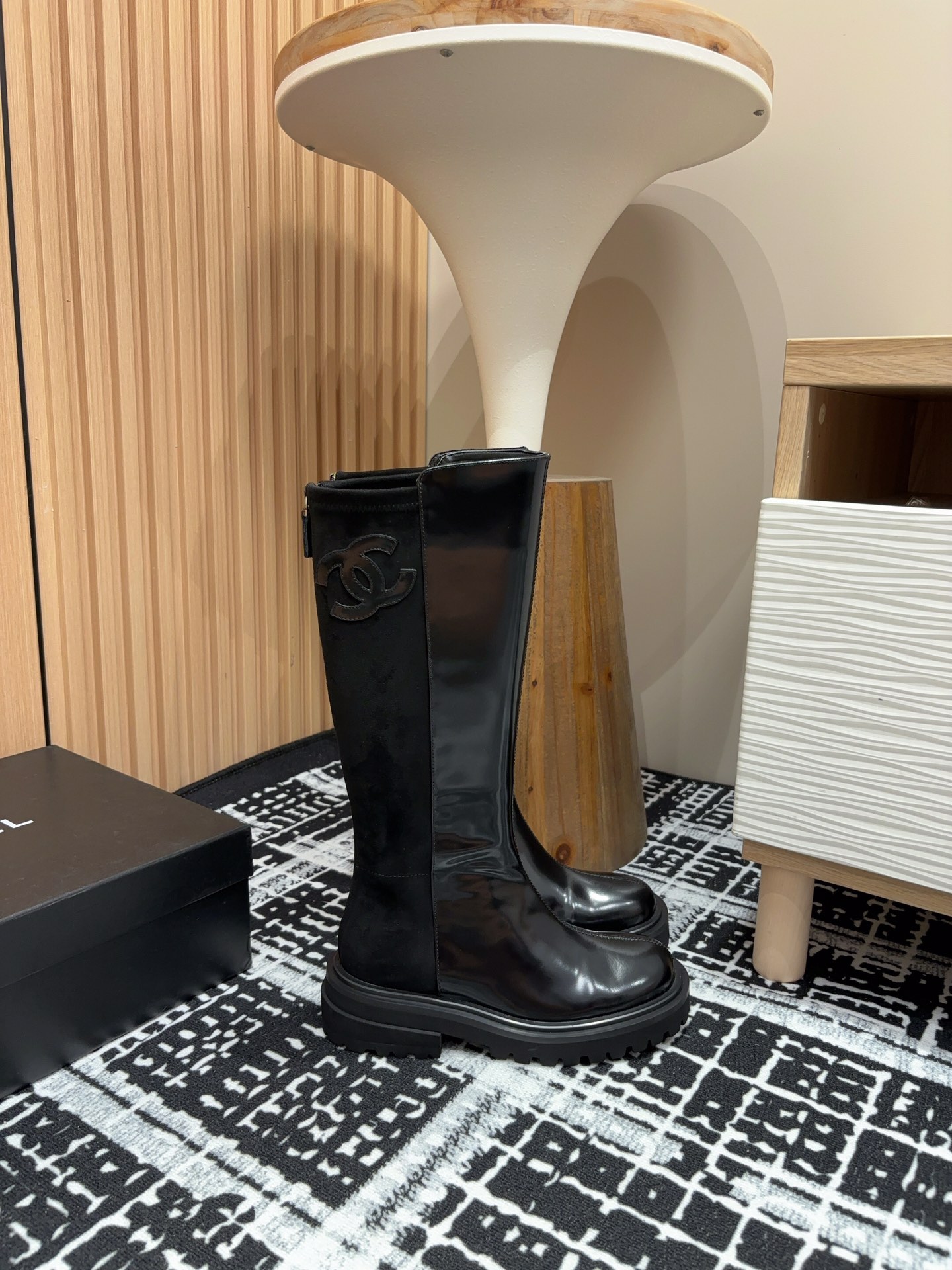 [TOP] CHANEL Paneled Platform High-calf Boots - Black