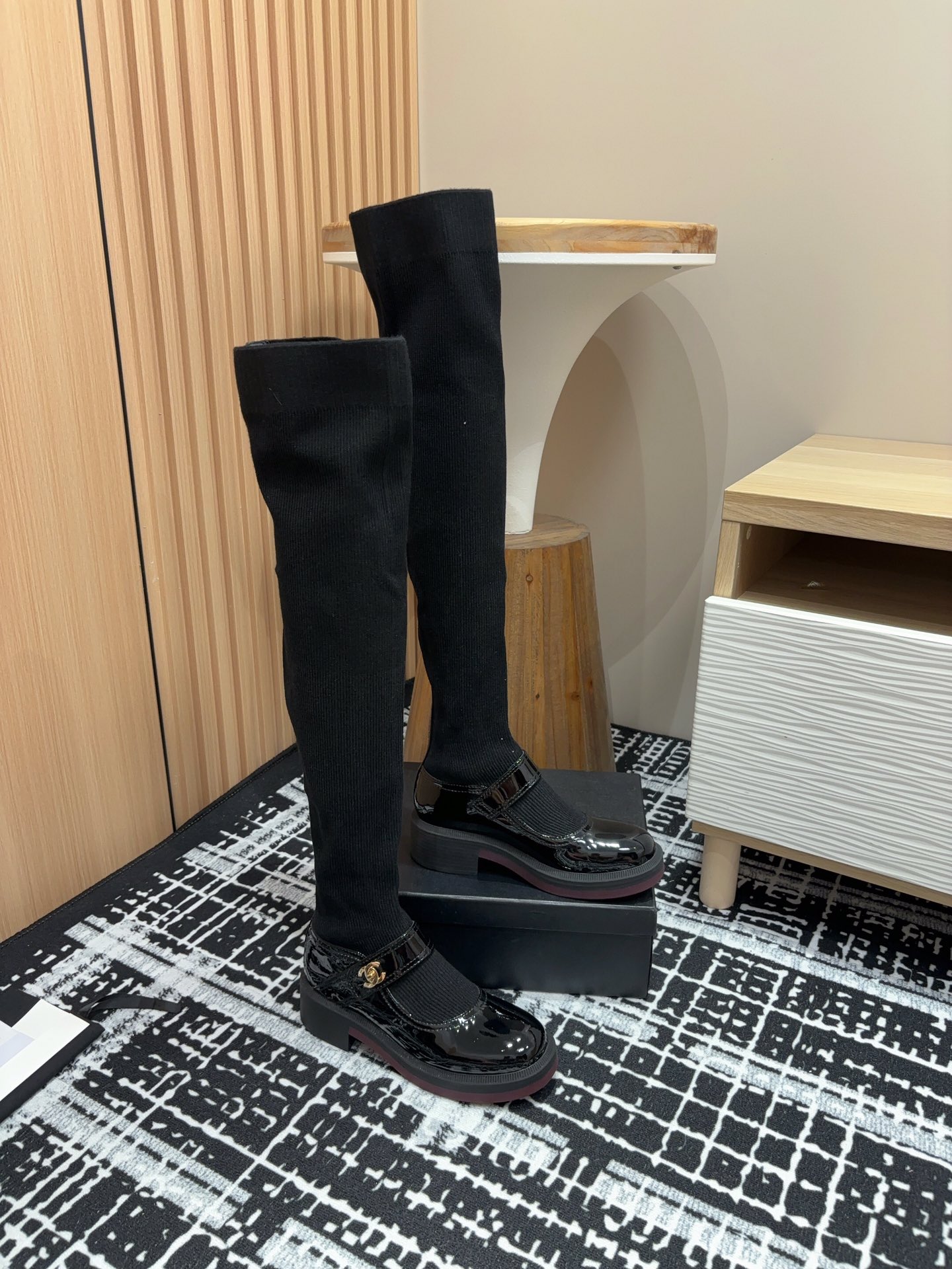 [TOP] CHANEL Mary Jane Socks Low-calf/High-calf Boots - Black