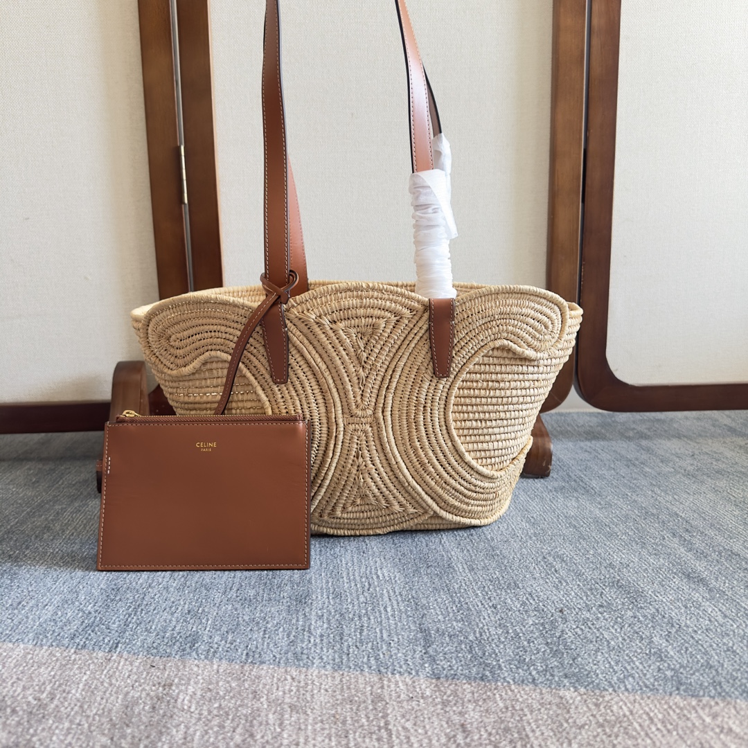 [TOP] CELINE Cow Leather Classic Straw Basket Bag 36*20.5*13cm/47*30..5*15cm - Apricot &Brown