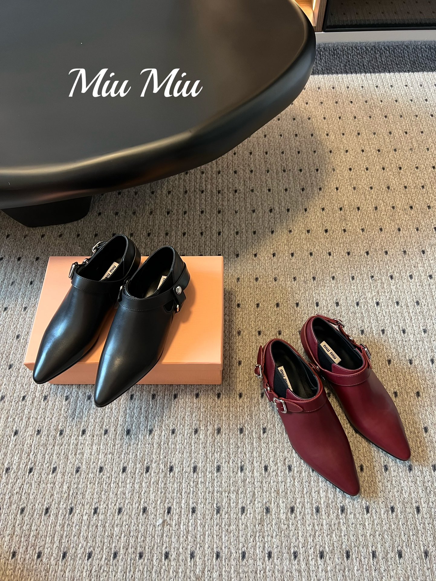 [TOP] Miu Miu Chunky Heel Pointed Toe Leather Shoes - 2 Color
