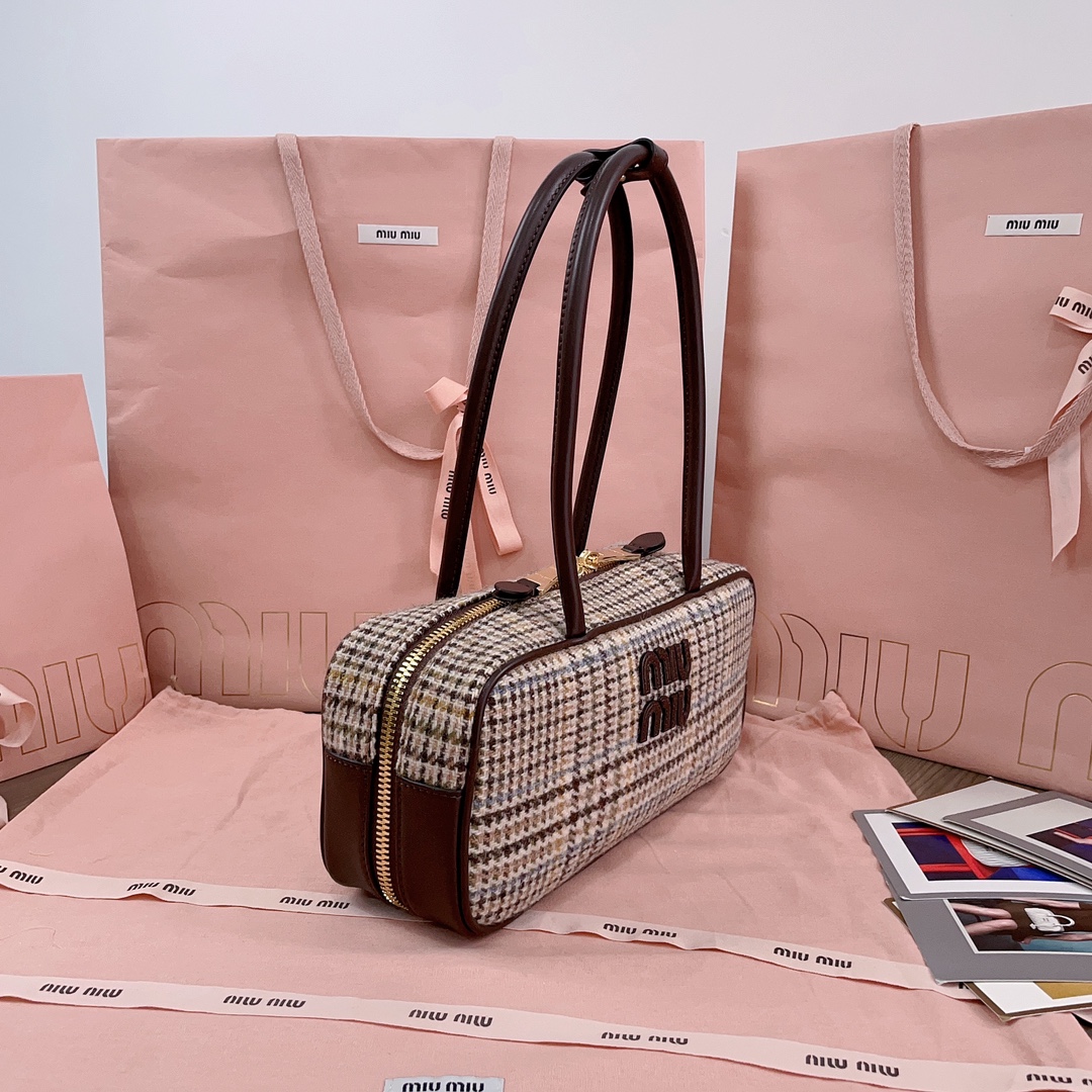 [TOP] Miu Miu Houndstooth Briefcase 28x12x9cm - Cocoa Brown