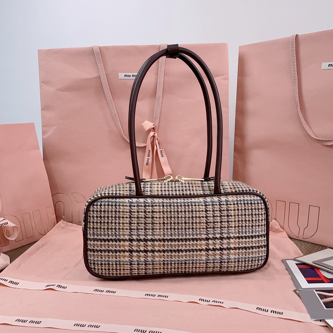[TOP] Miu Miu Houndstooth Briefcase 28x12x9cm - Cocoa Brown