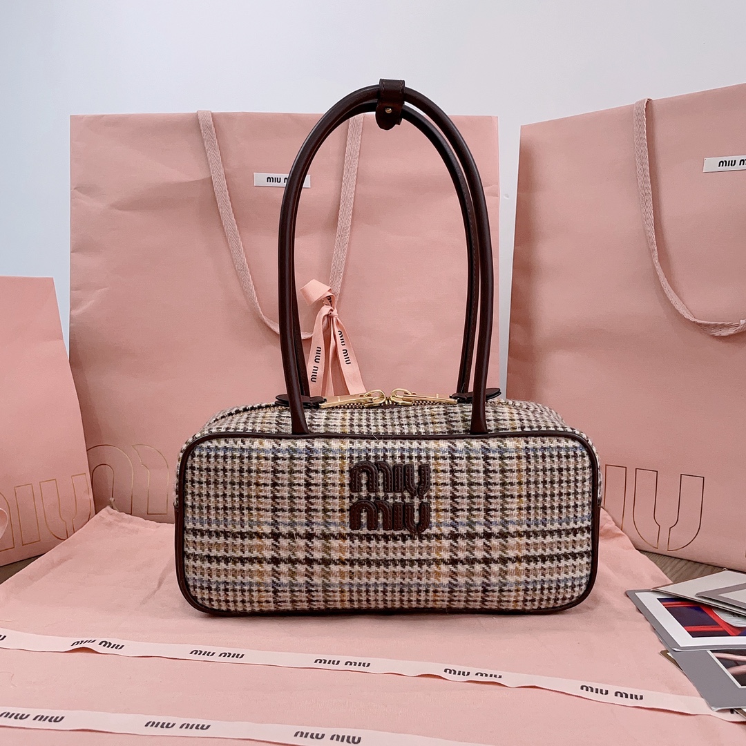 [TOP] Miu Miu Houndstooth Briefcase 28x12x9cm - Cocoa Brown