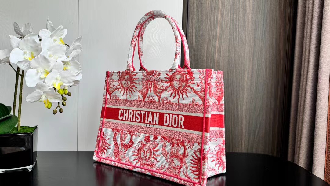 [TOP] Christian Dior Book Tote Toile de Jouy Soleil Embroidery Bag 36 x 27.5 x 16.5 cm - Coral