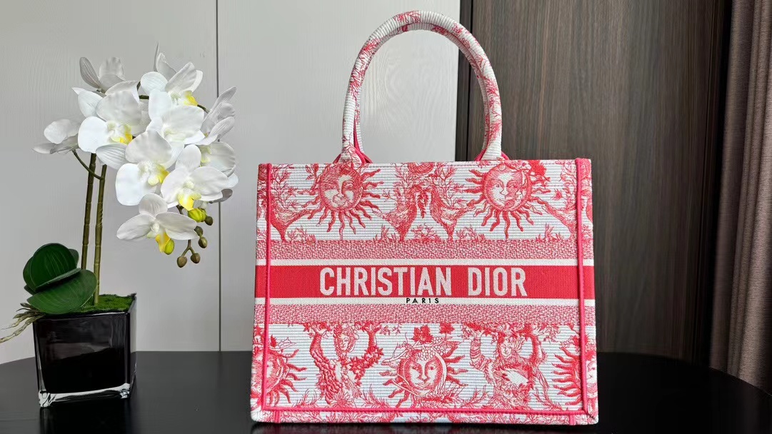 [TOP] Christian Dior Book Tote Toile de Jouy Soleil Embroidery Bag 36 x 27.5 x 16.5 cm - Coral