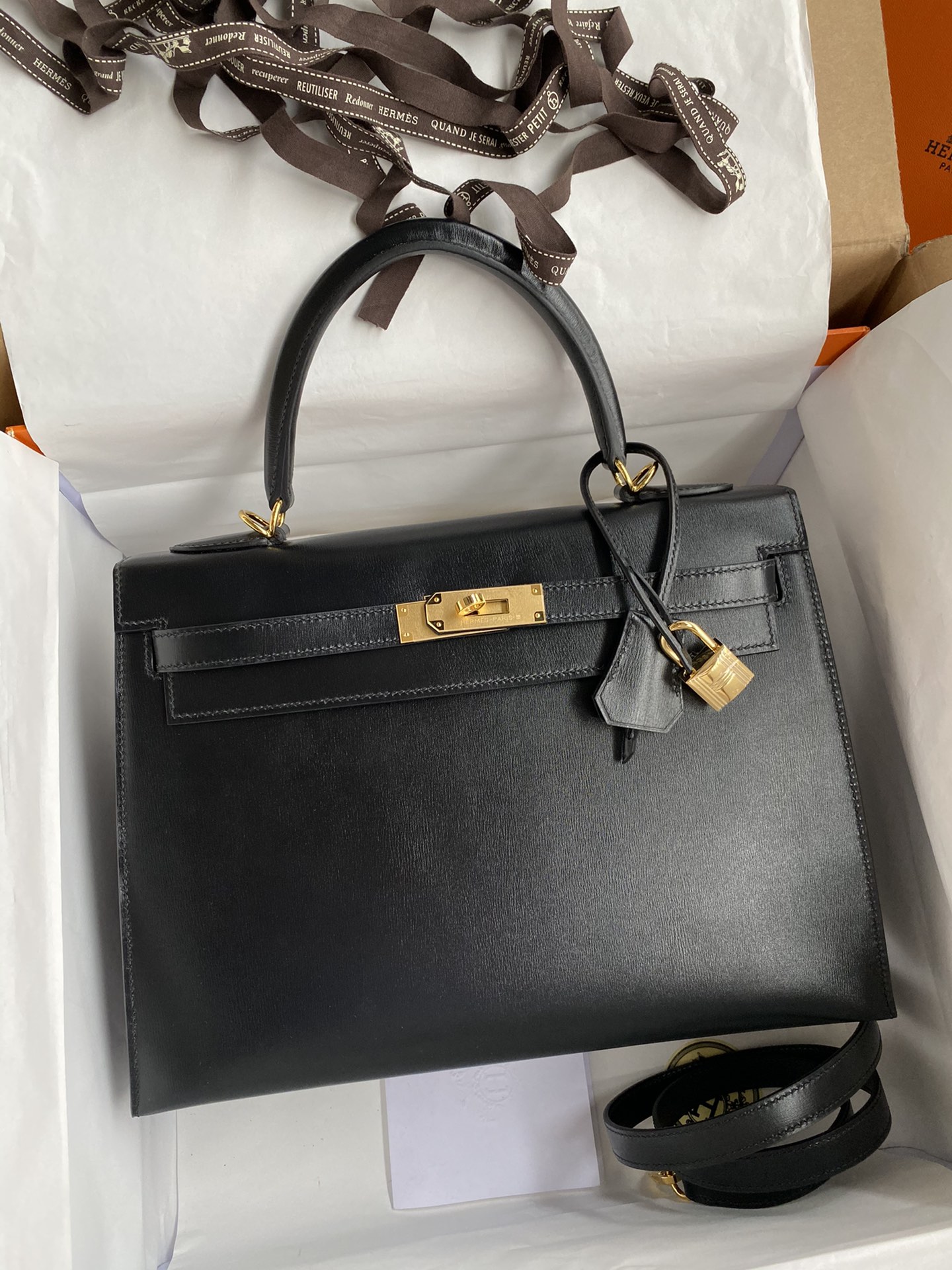 [TOP] HERMES Kelly Box Calf Bags 19CM/22CM/25CM/28CM/32CM - Black&GHW