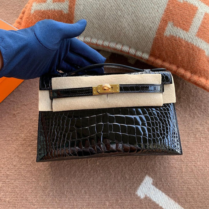 [TOP] HERMES Kelly Pochette SHINY MISSISSIPPIENSIS ALLIGATOR NOIR 22 CM - Black & GHW