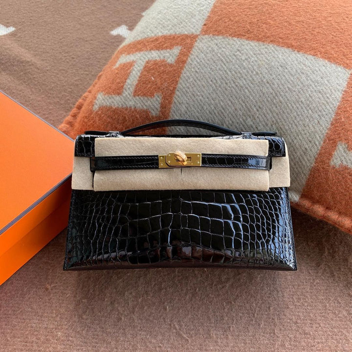 [TOP] HERMES Kelly Pochette SHINY MISSISSIPPIENSIS ALLIGATOR NOIR 22 CM - Black & GHW