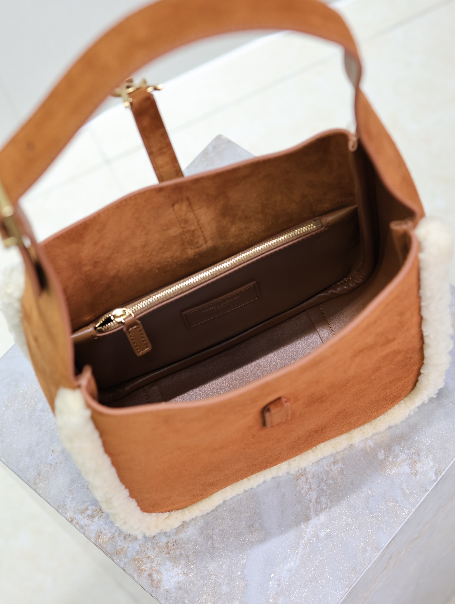 [TOP] Yves Saint Laurent YSL Le 5A7 Suede with Lambswool Hobo Bag 23×22×8.5cm - Brown