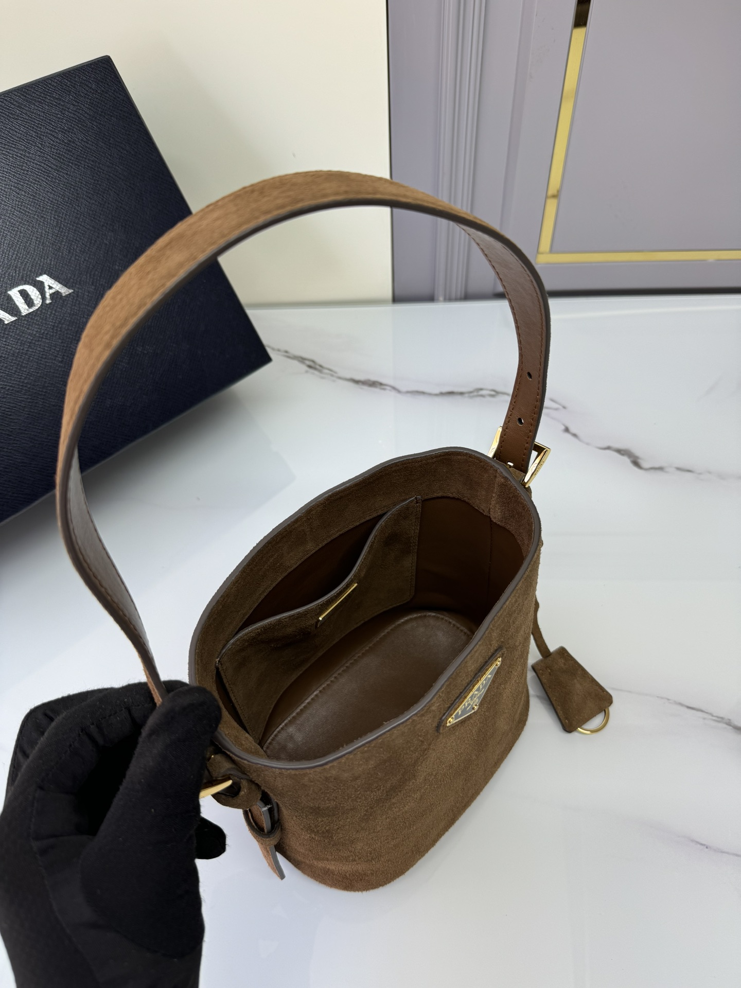 [TOP] PRADA Suede Bucket Bag 22*22*13cm - Brown