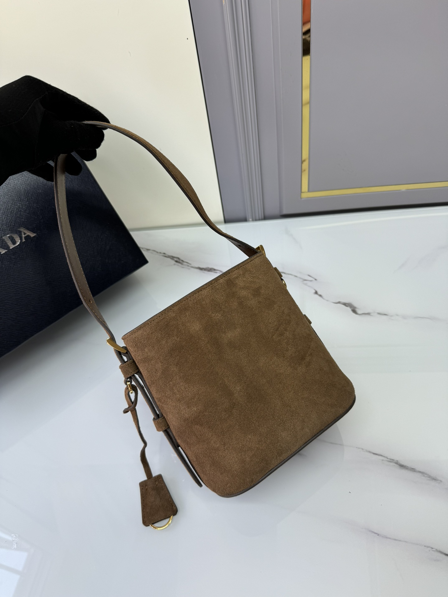 [TOP] PRADA Suede Bucket Bag 22*22*13cm - Brown
