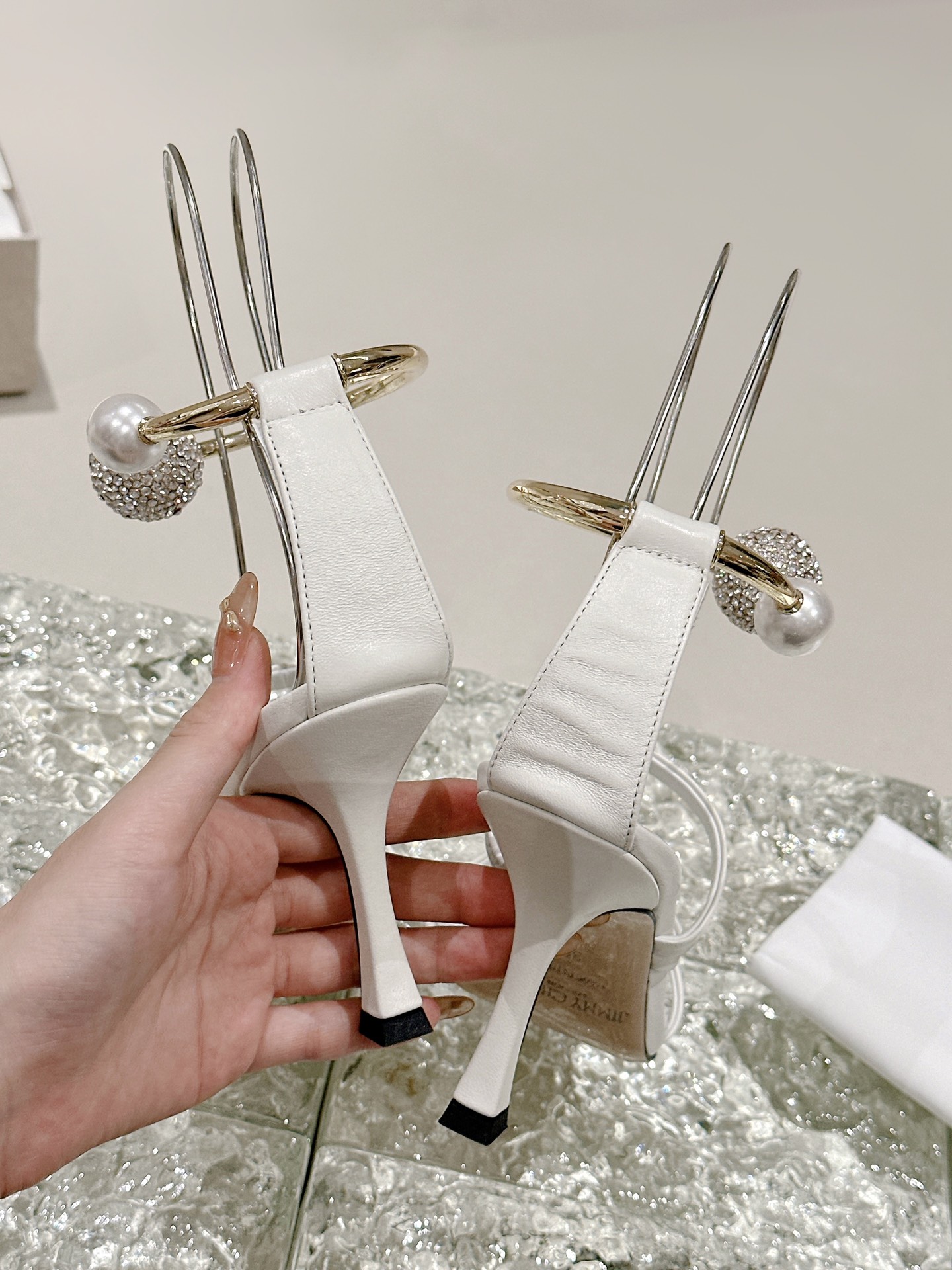 [TOP] Jimmy Choo OTTILIA 90 High Heel Sandals with Crystal and Pearl - White