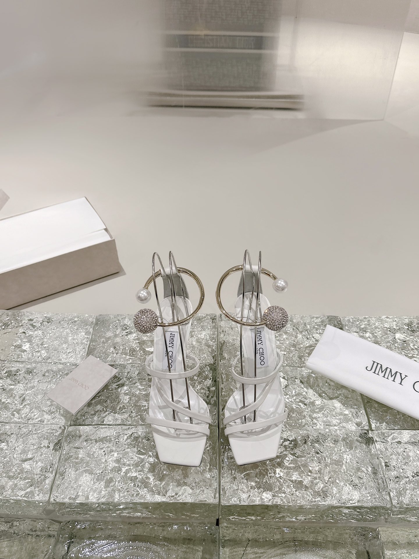 [TOP] Jimmy Choo OTTILIA 90 High Heel Sandals with Crystal and Pearl - White