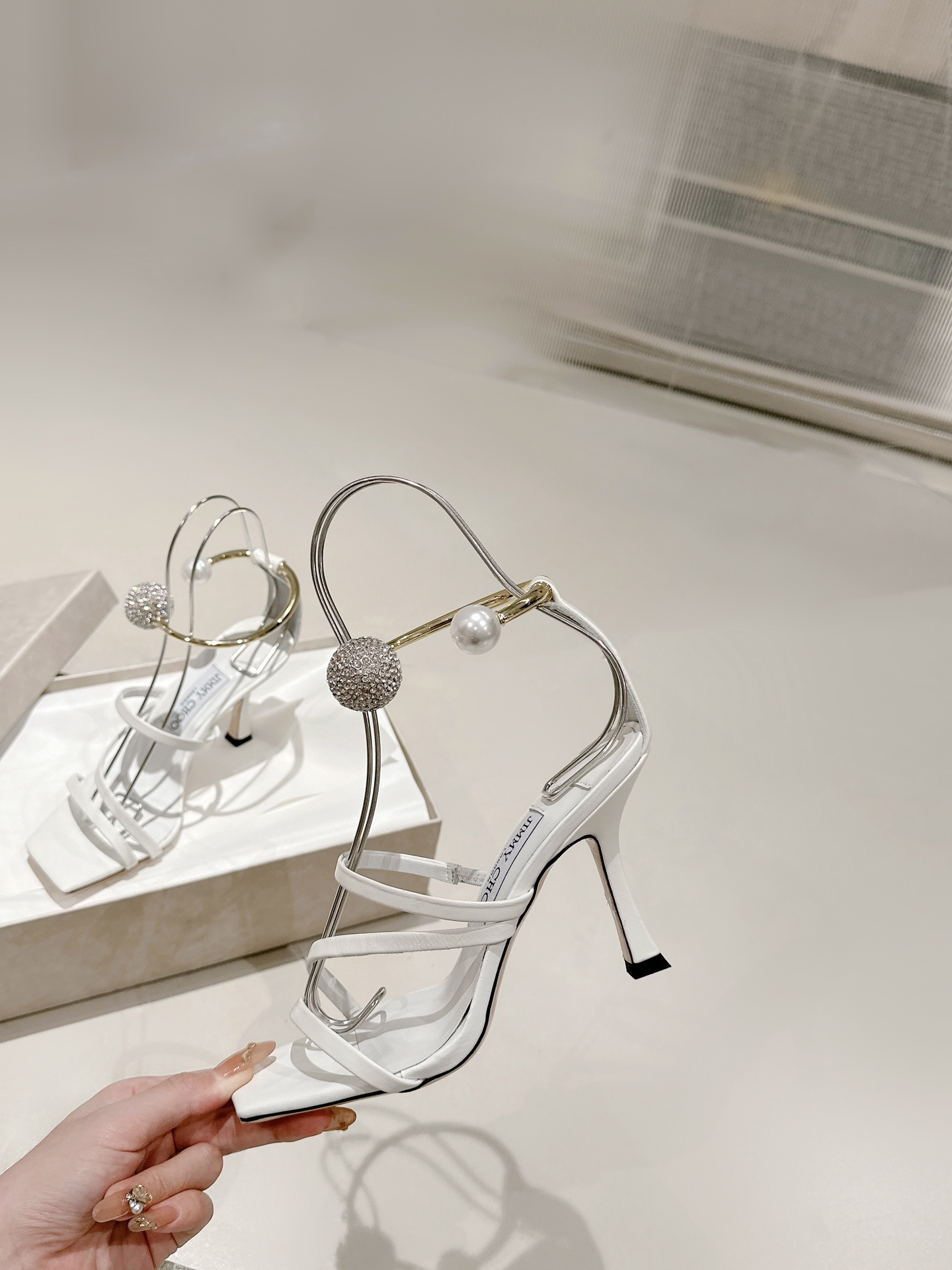 [TOP] Jimmy Choo OTTILIA 90 High Heel Sandals with Crystal and Pearl - White