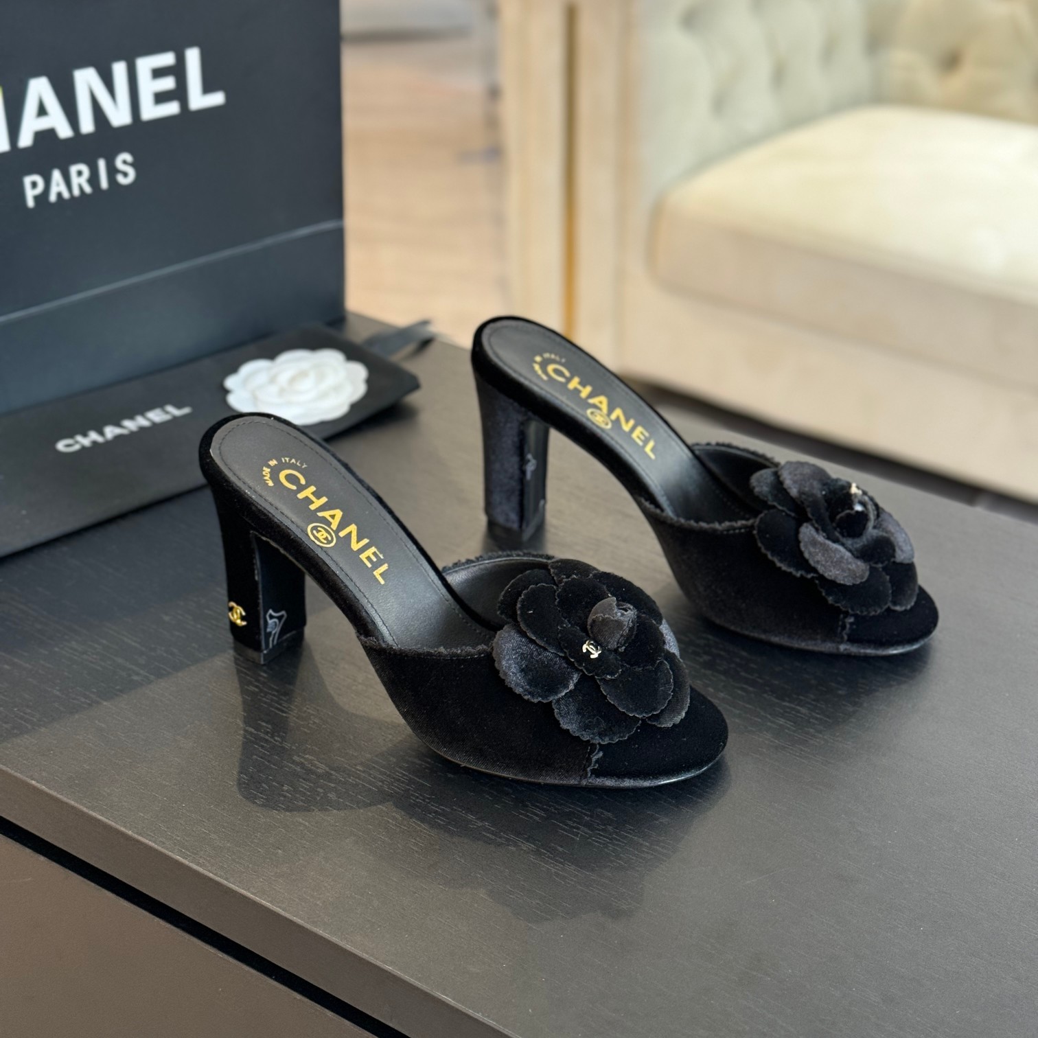 [TOP] CHANEL 8cm High Heel Camellia Slippers - 5 Color