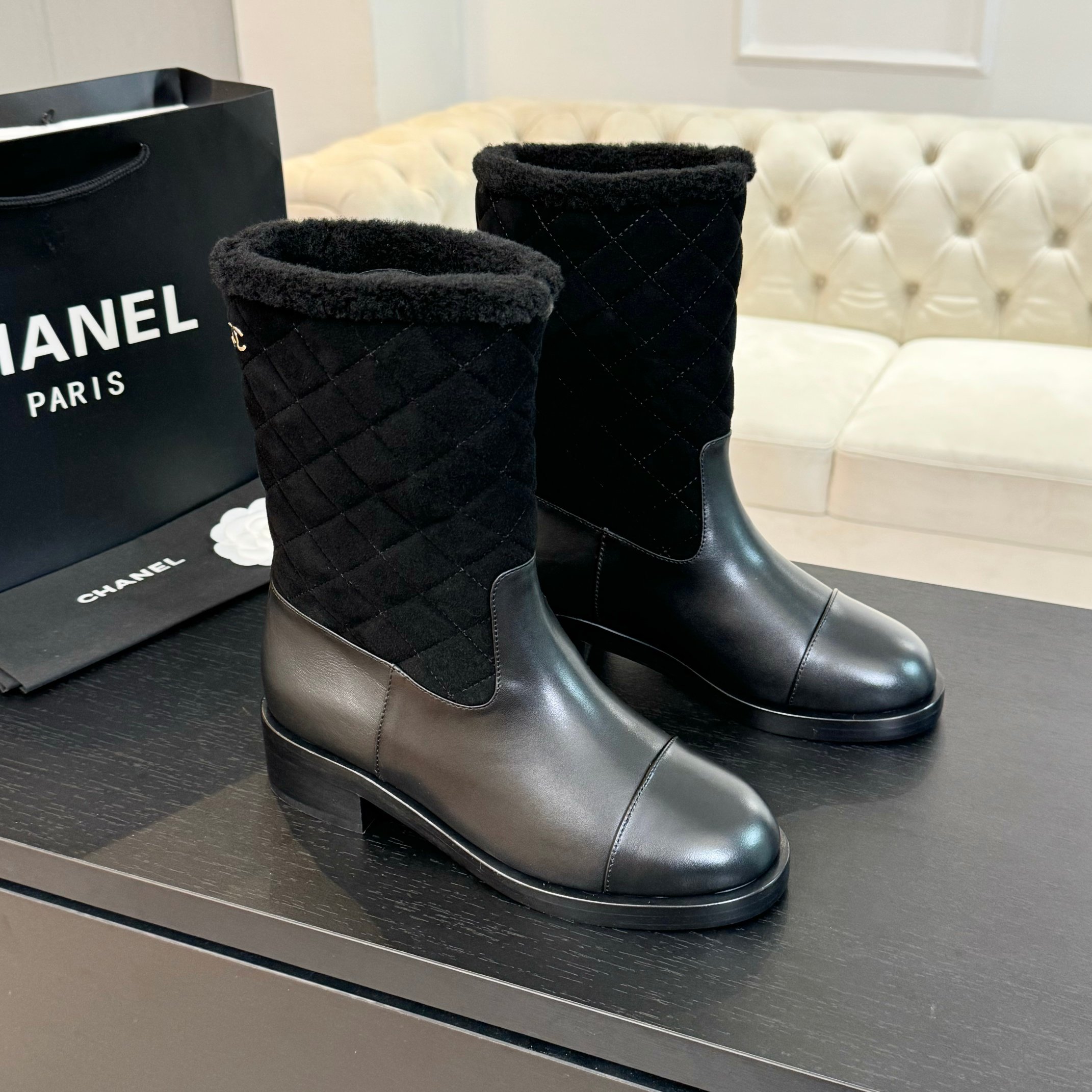 [TOP] CHANEL 5.5cm Mid Heel Patchwork Chunky Heel Boots - 4 Color