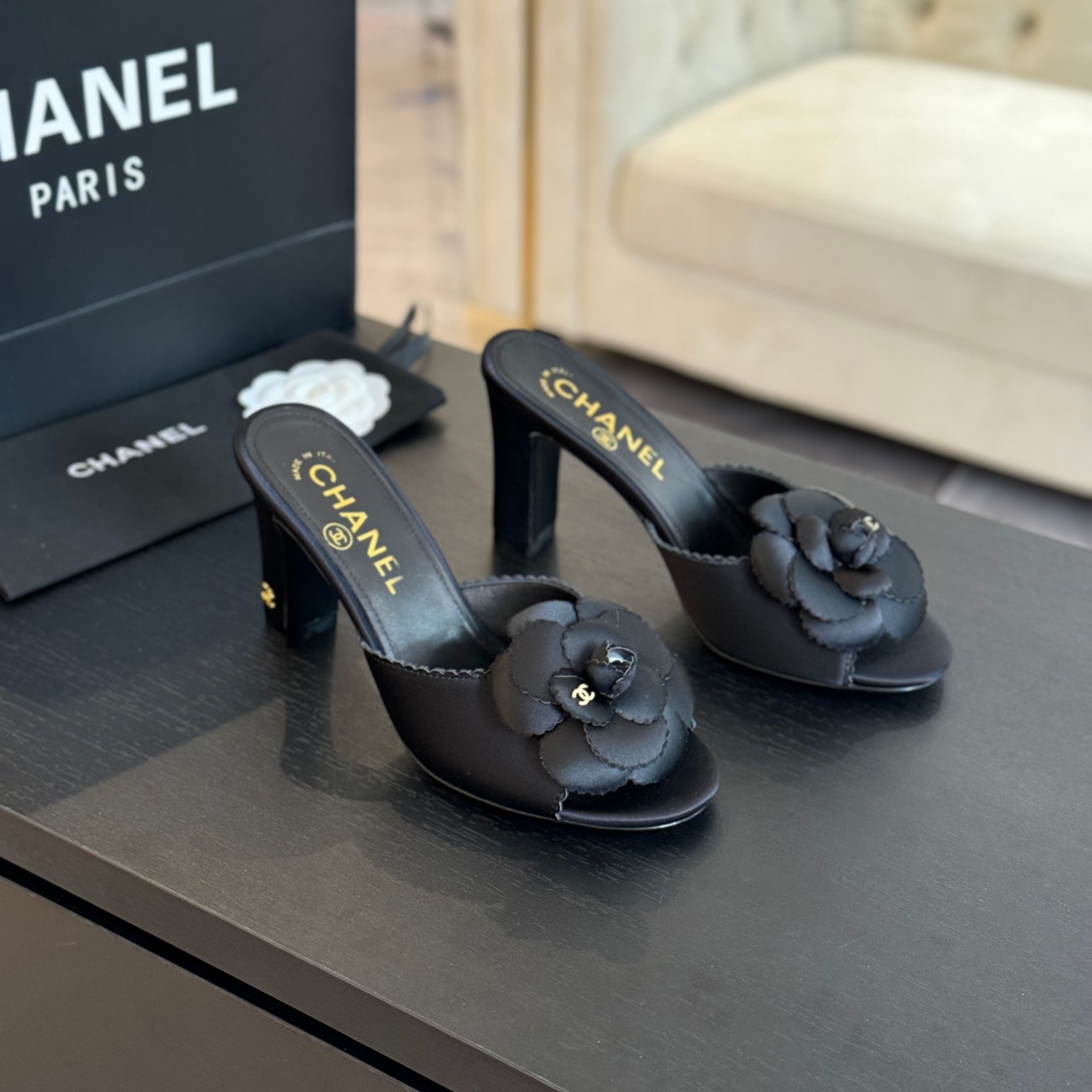 [TOP] CHANEL 8cm High Heel Camellia Slippers - 5 Color