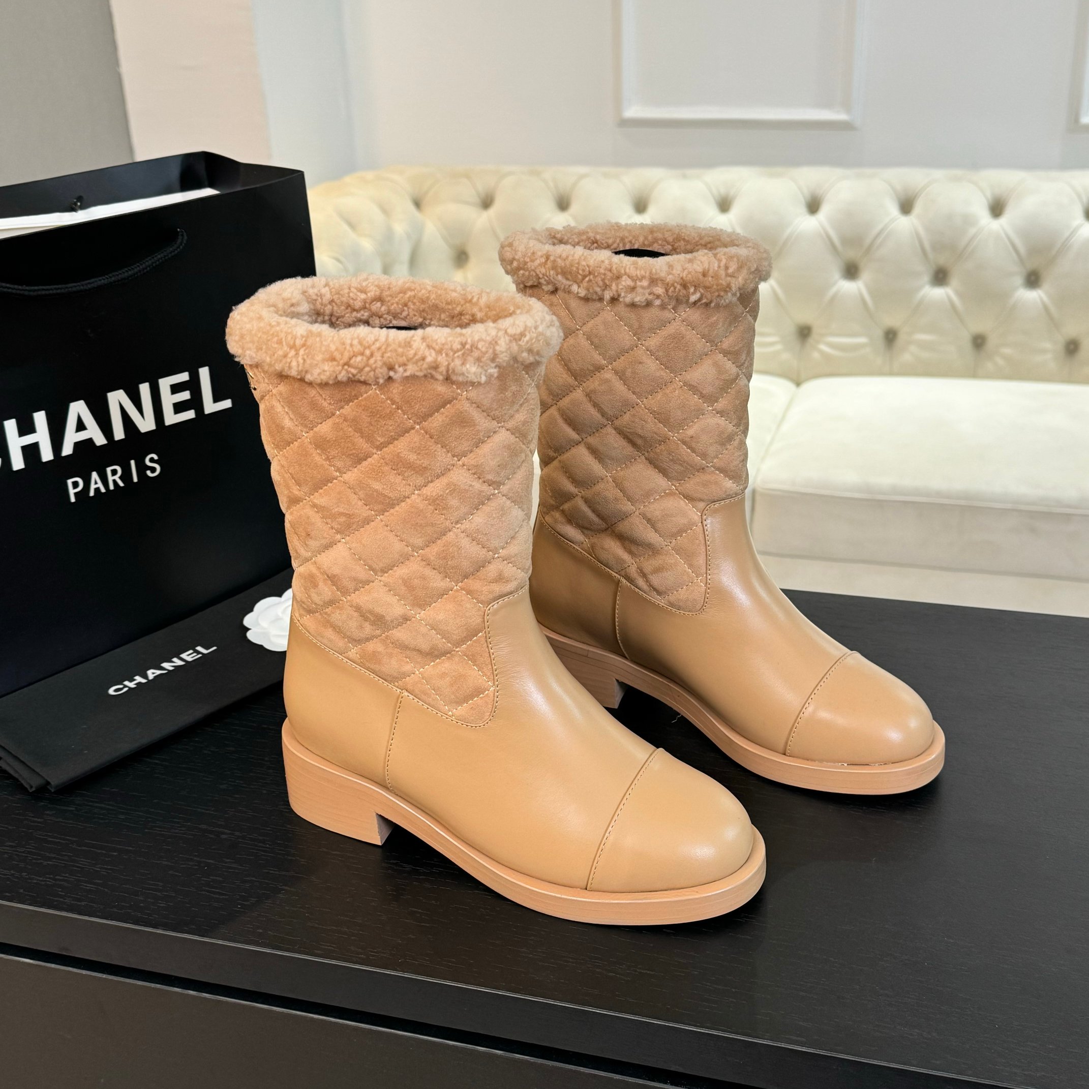 [TOP] CHANEL 5.5cm Mid Heel Patchwork Chunky Heel Boots - 4 Color