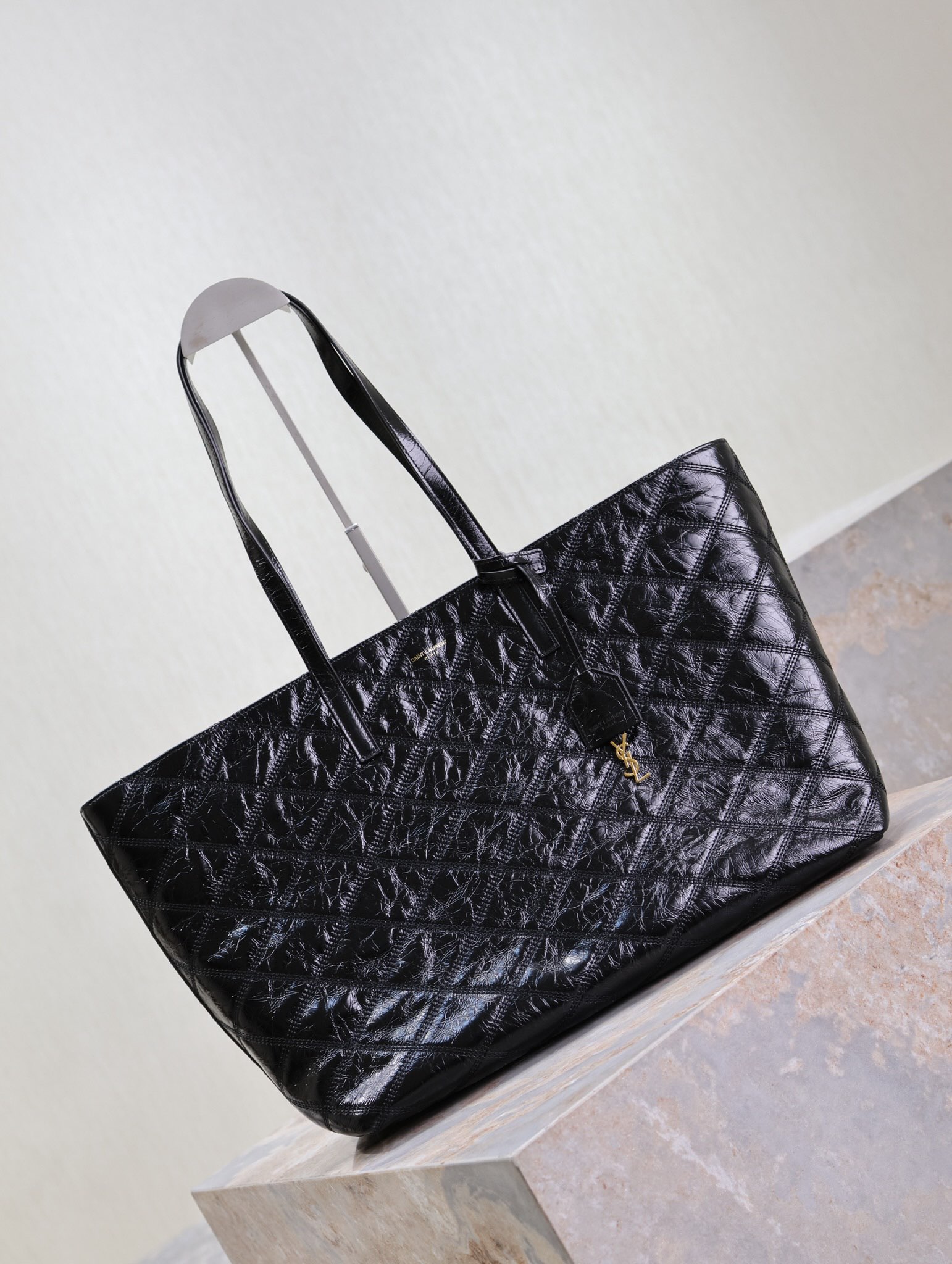 [TOP] Yves Saint Laurent YSL Oil Wax Leather Shopping Tote Bag 38×28×13cm-Black