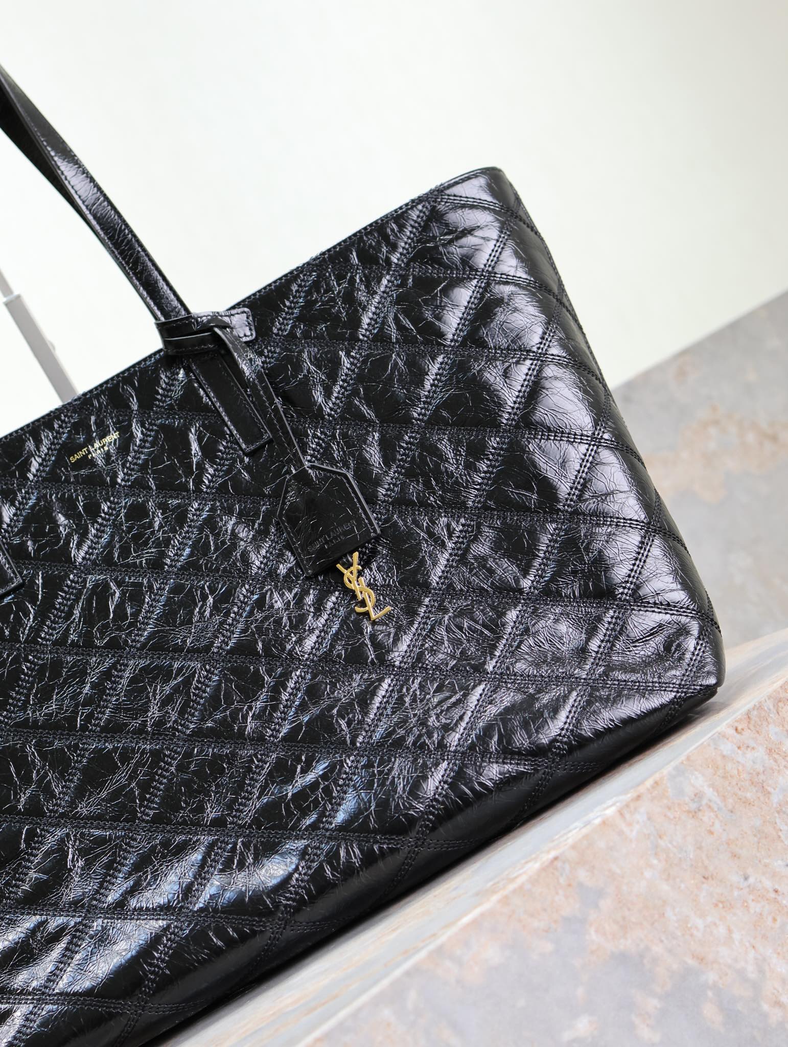 [TOP] Yves Saint Laurent YSL Oil Wax Leather Shopping Tote Bag 38×28×13cm-Black