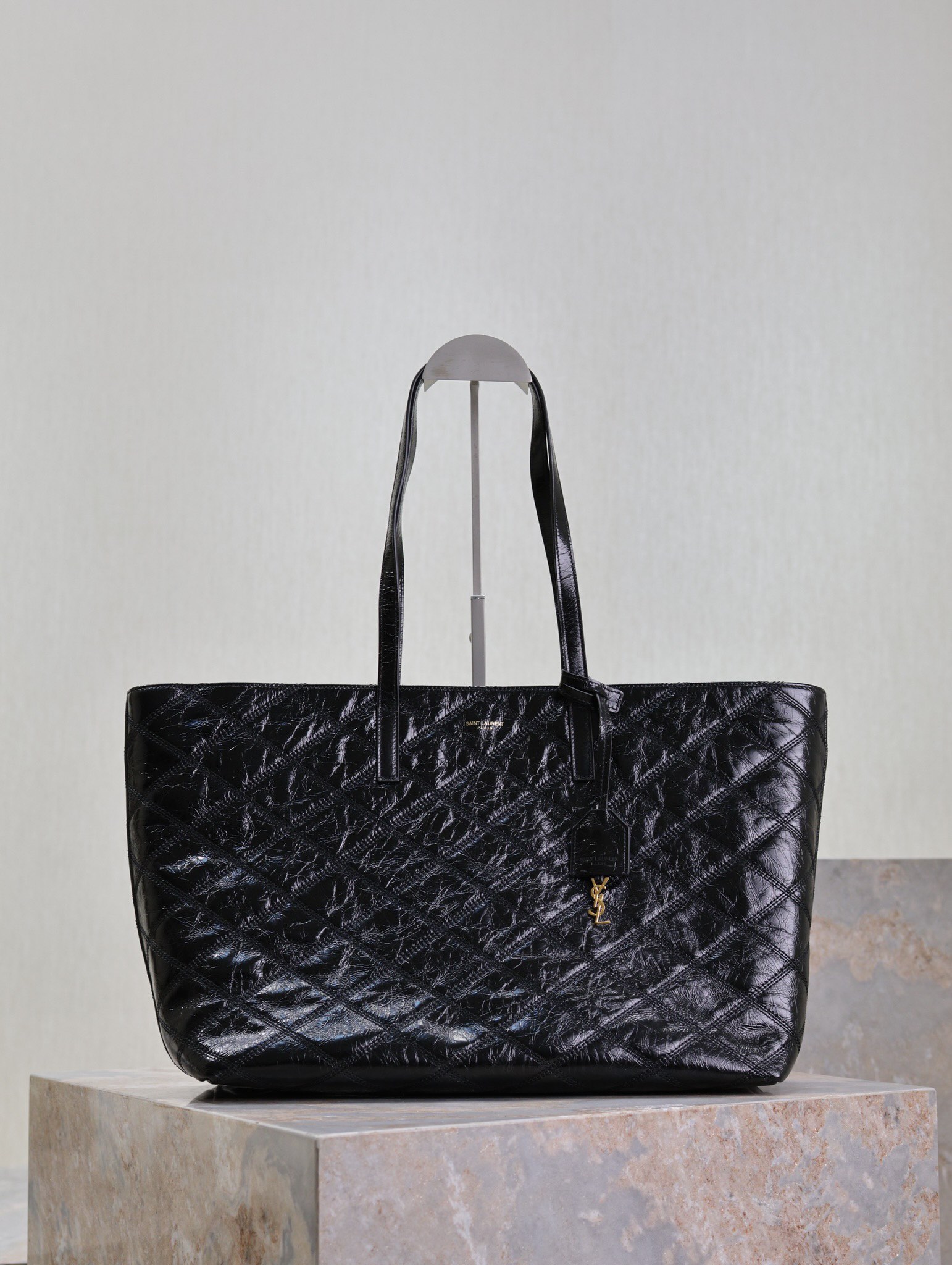 [TOP] Yves Saint Laurent YSL Oil Wax Leather Shopping Tote Bag 38×28×13cm-Black