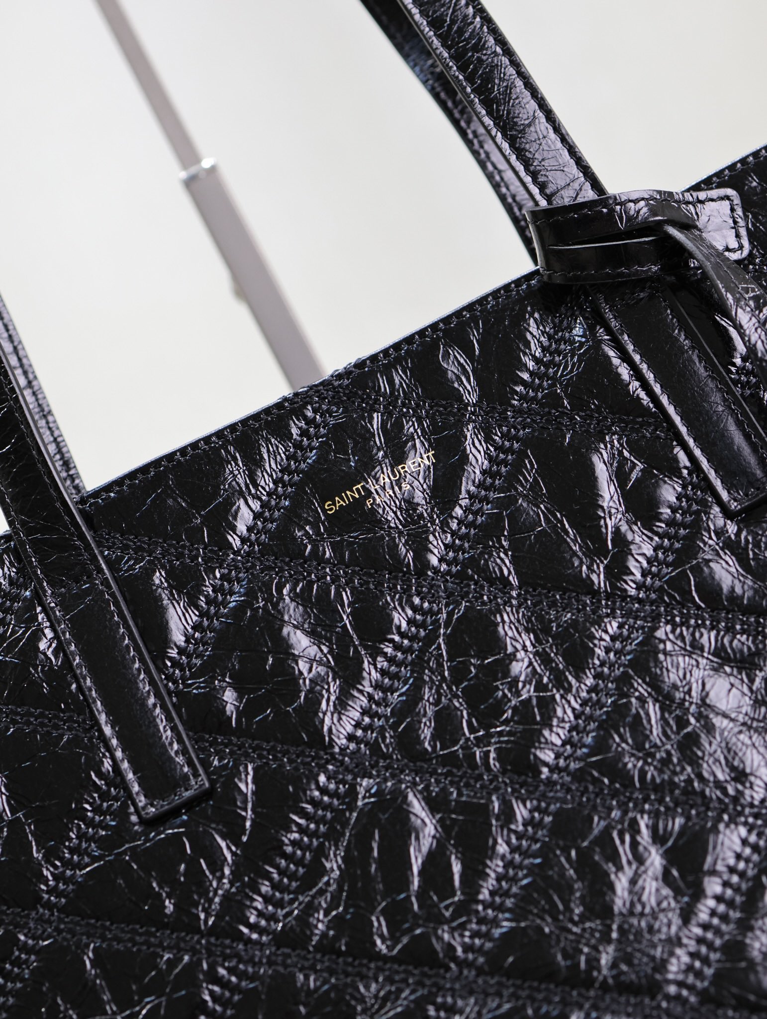 [TOP] Yves Saint Laurent YSL Oil Wax Leather Shopping Tote Bag 38×28×13cm-Black