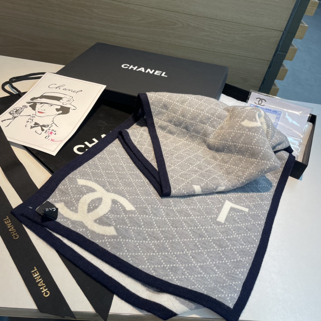 [TOP] CHANEL Cashmere Shawl Scarf 30x180 cm - Blue & White