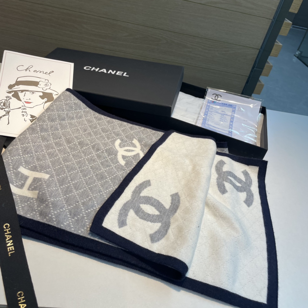 [TOP] CHANEL Cashmere Shawl Scarf 30x180 cm - Blue & White