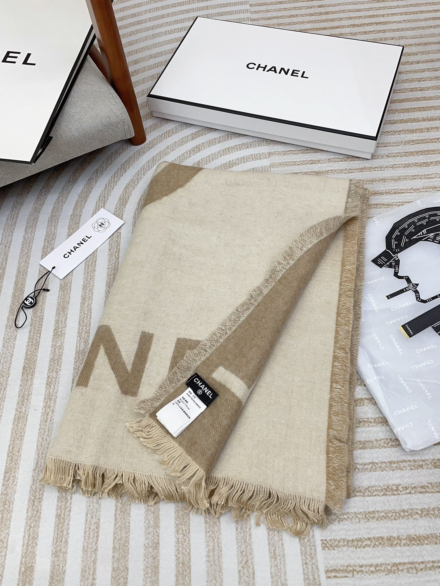 [TOP] CHANEL Cashmere Shawl Scarf 75x200 cm - Khaki