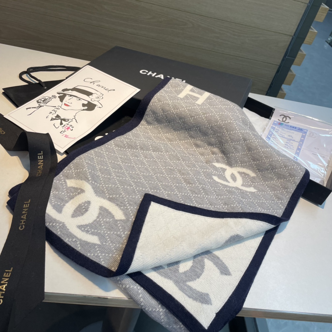 [TOP] CHANEL Cashmere Shawl Scarf 30x180 cm - Blue & White